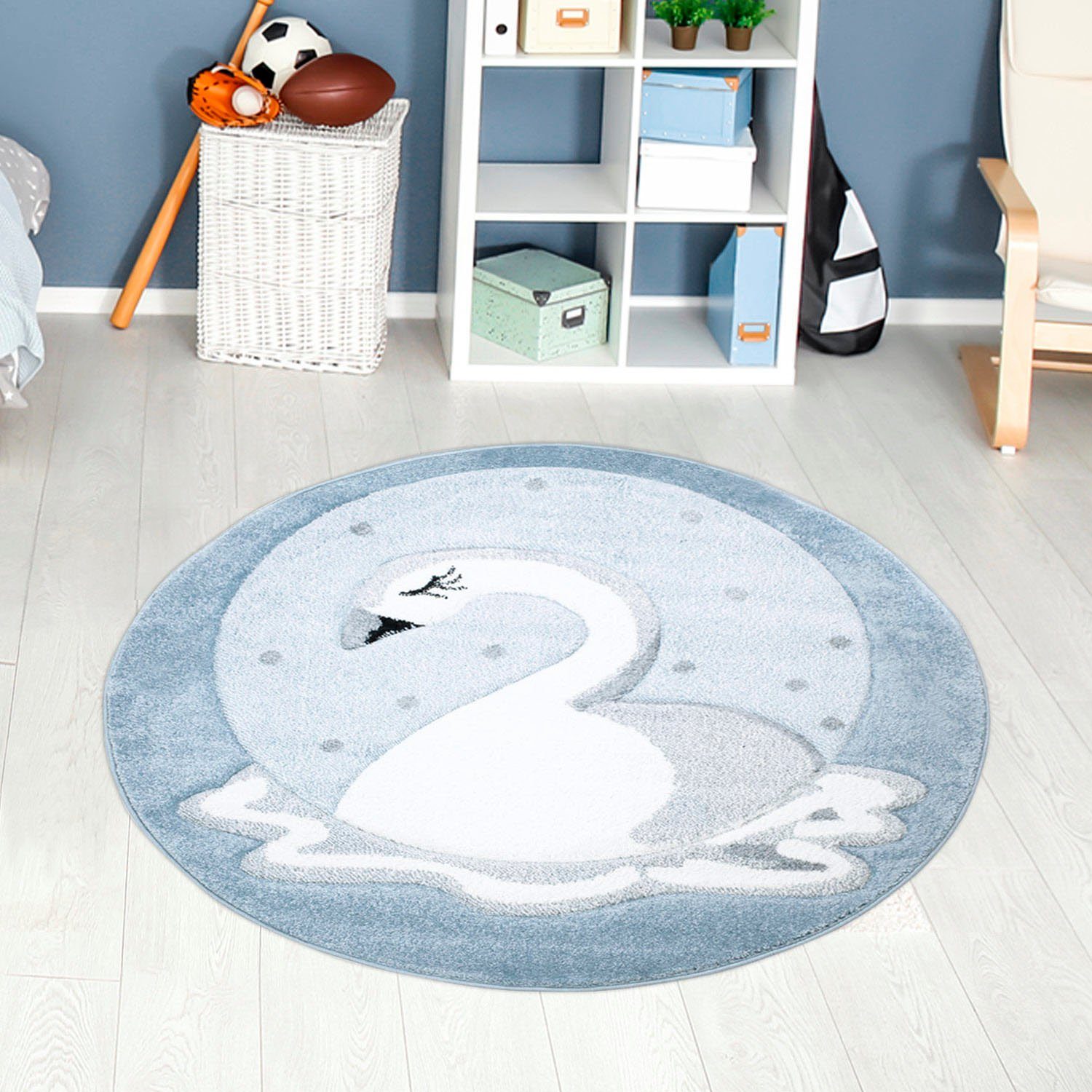 Carpet City Kinderteppich Bueno Kids 1315, rund, Höhe: 13 mm, Spielteppich, Schwan, 3D-Effekt, Weicher Flor, Pflegeleicht