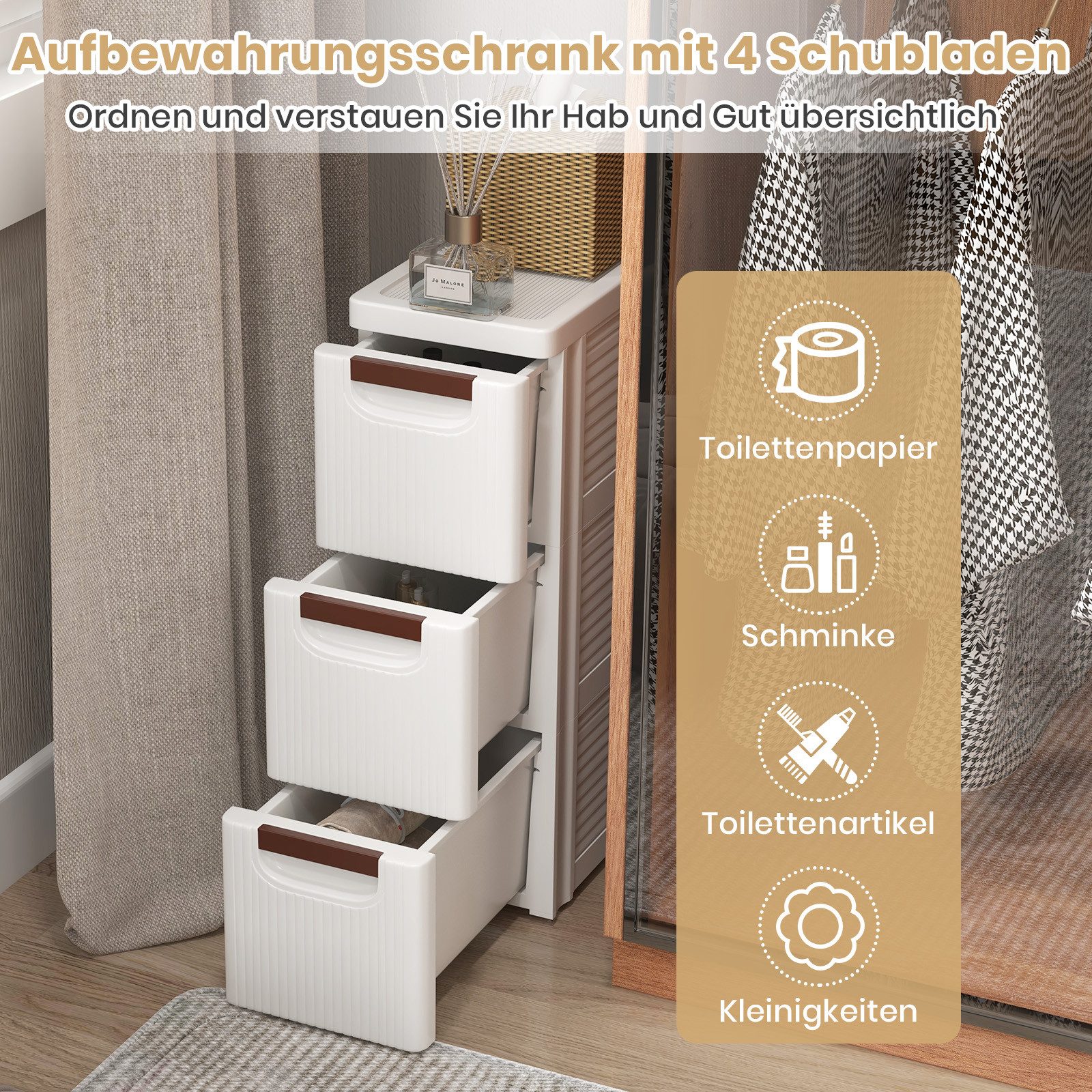 KOMFOTTEU Sideboard, Nischenschrank schmal, Badschrank mit Schubladen & Rollen
