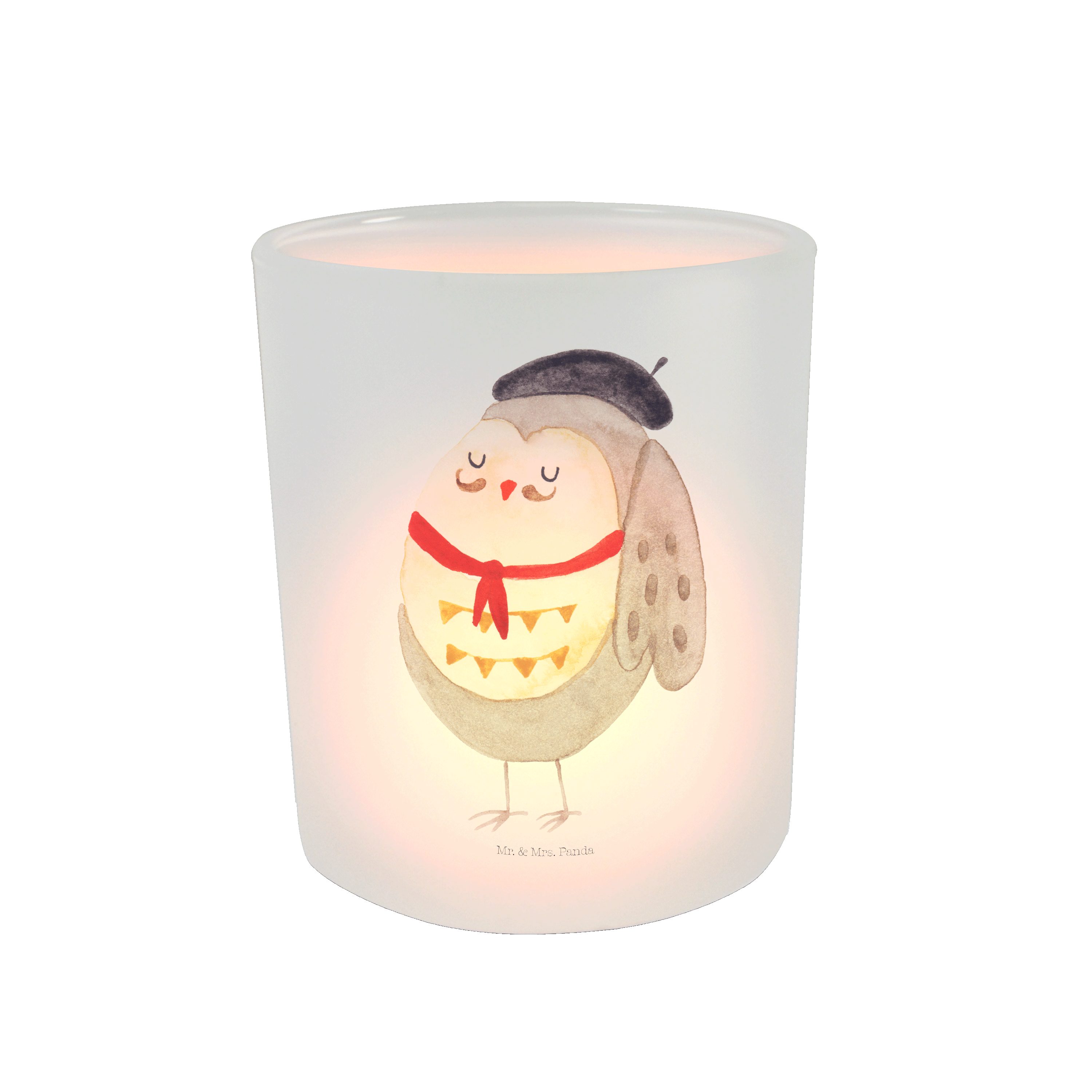 Mr. & Mrs. Panda Windlicht Eule Französisch - Transparent - Geschenk, Kerzenglas, béret, hibou, (1 St)