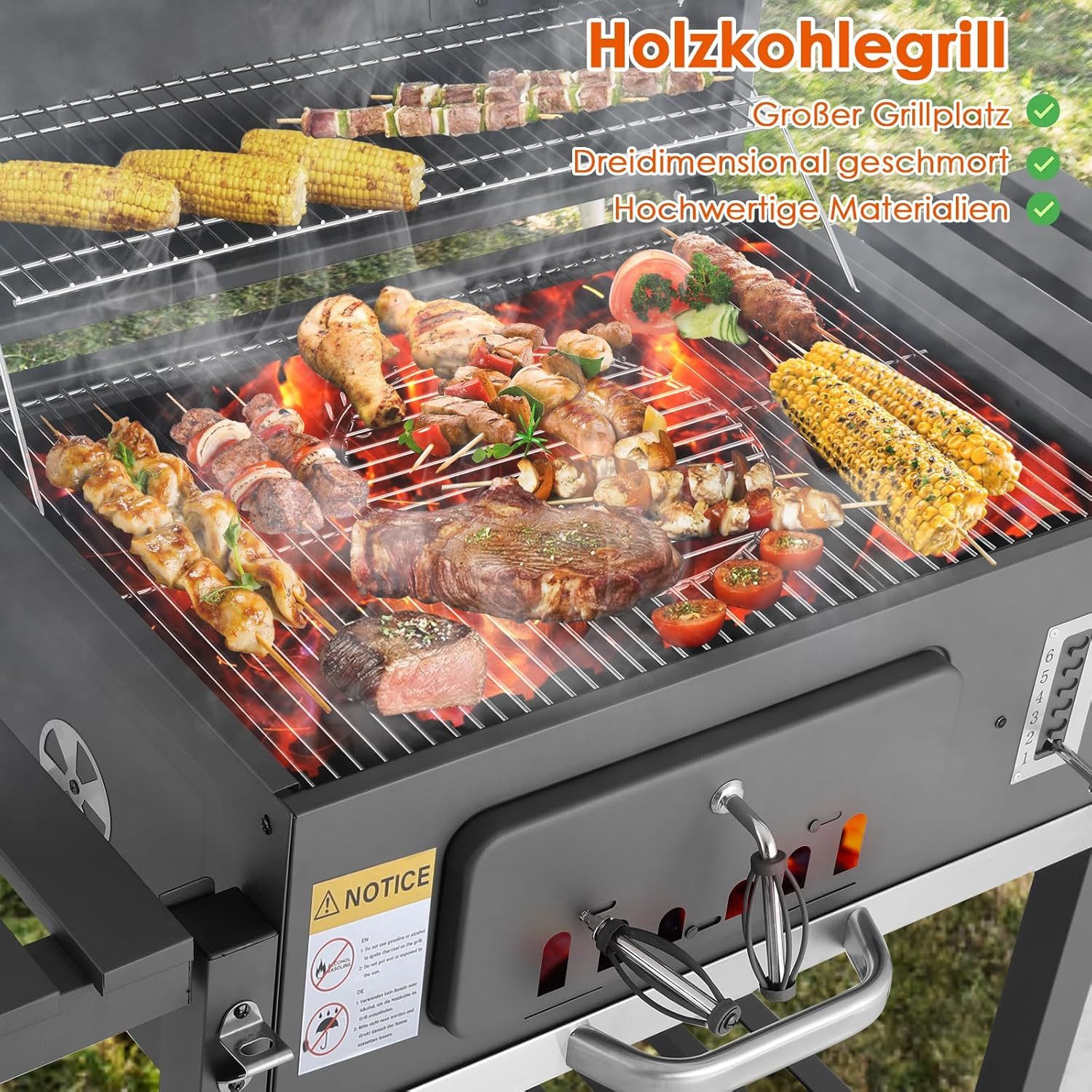 TLGREEN Holzkohlegrill Standgrill 152x136x60 cm, BBQ Grillwagen Holzkohle, Kohlegrill Groß mit Deckel, Rädern, Thermometer und Schornstein, Grillwagen xxl, BBQ Grill mit Deckel & Rädern, Smoker für Camping