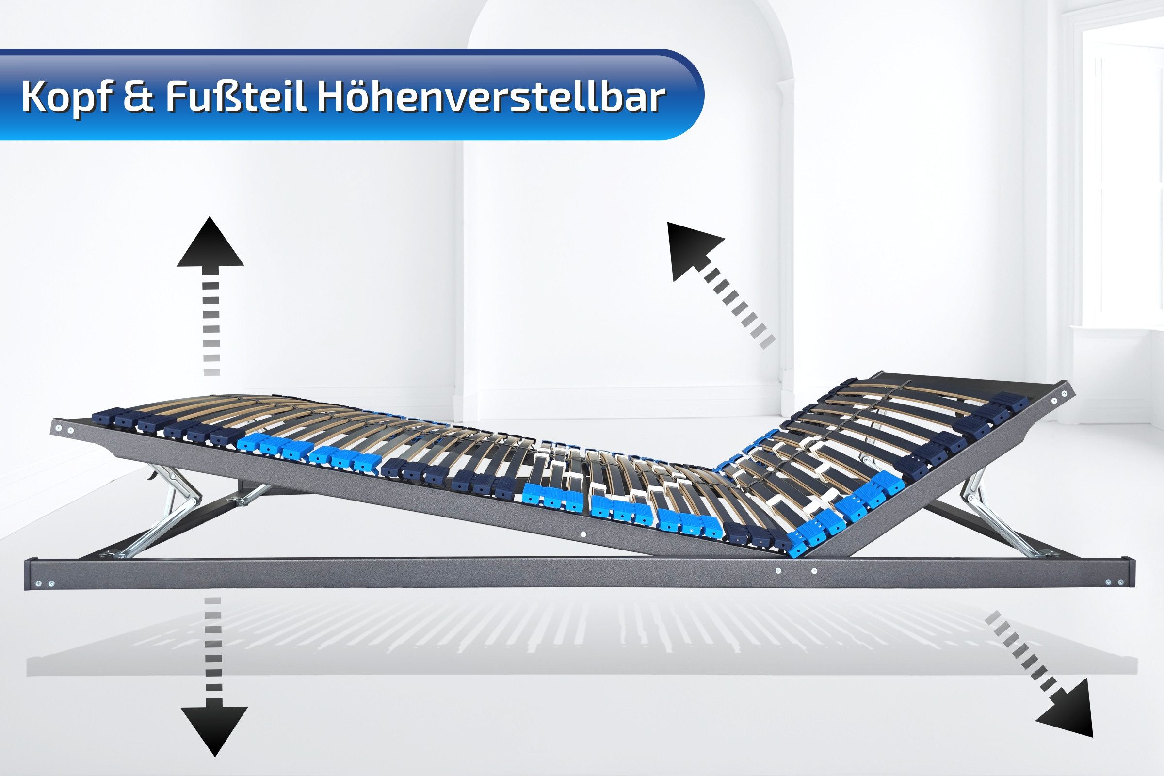 Lattenrost mit verstellbare Schulterzone & Schulterabsenkung, MONTIERT mit KF, Matratzen Perfekt, Kopfteil Verstellbar, Fußteil Verstellbar, Kopf- & Fußteil verstellbar, EXTRA SCHULTERABSENKUNG