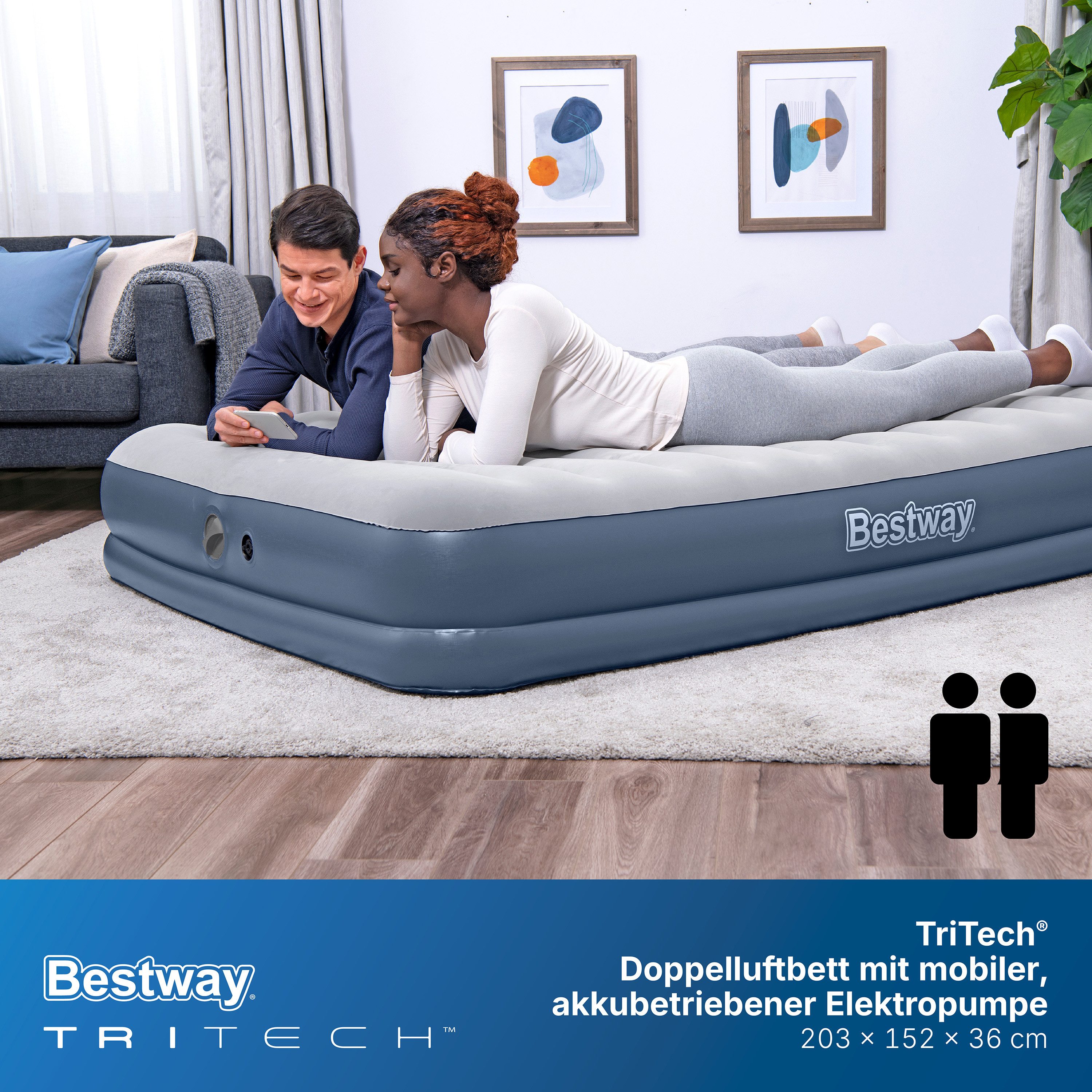 Bestway Luftbett TriTech® 203 x 152 x 36 cm, (Packung, 1-tlg., Inkl. mobile, akkubetriebene Elektropumpe), Für den Innen- und Außengebrauch