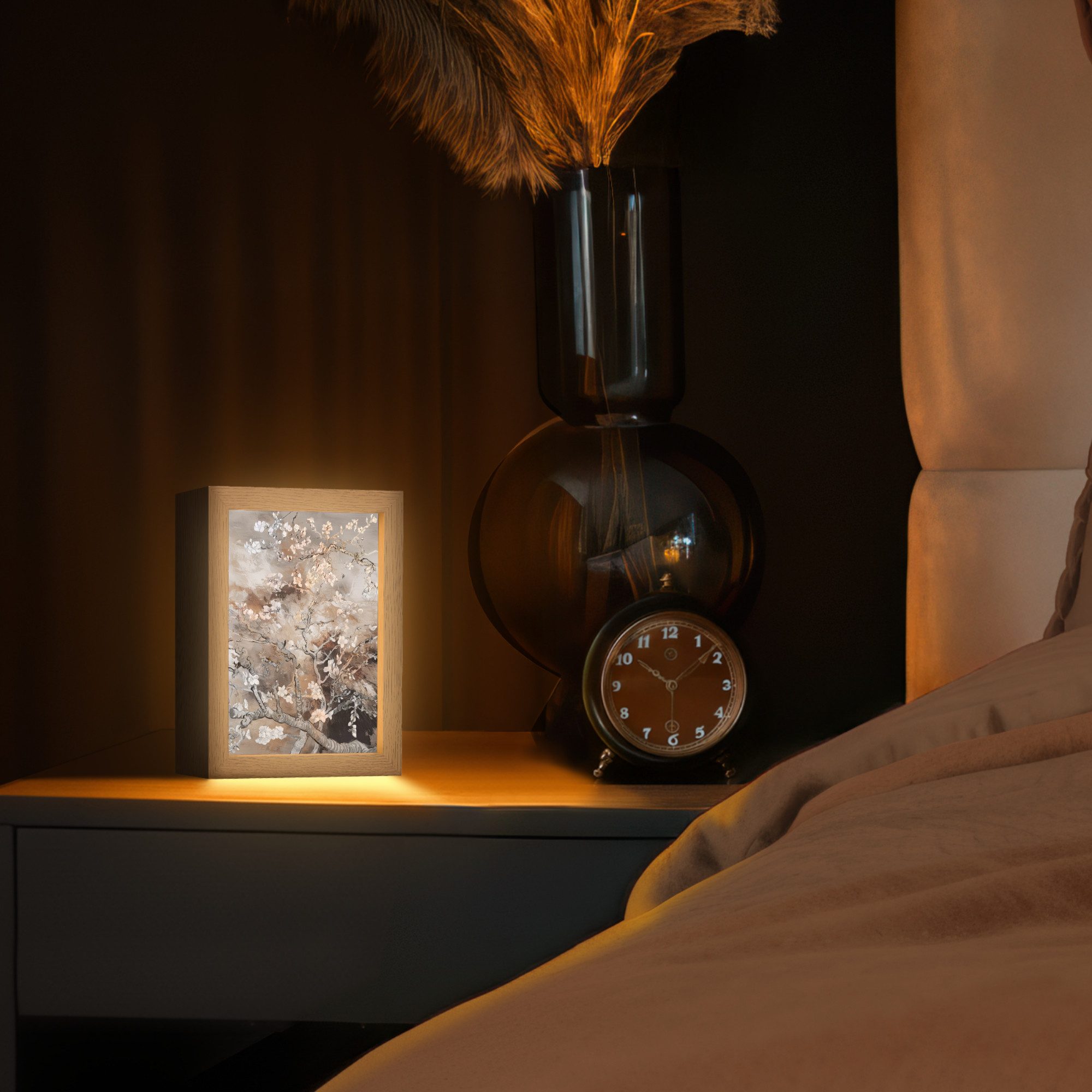 OnlyWow Tischleuchte Mandelblüte - Kunst - Van Gogh - Beige - Abstrakt, Dimmbar, Farbwechsel, LED, Warmweiß, Kaltweiß, Neutralweiß Einstellbar, Tischlampe, Schreibtischlampe, Desk, Dimmbar, mit Kabel, LED