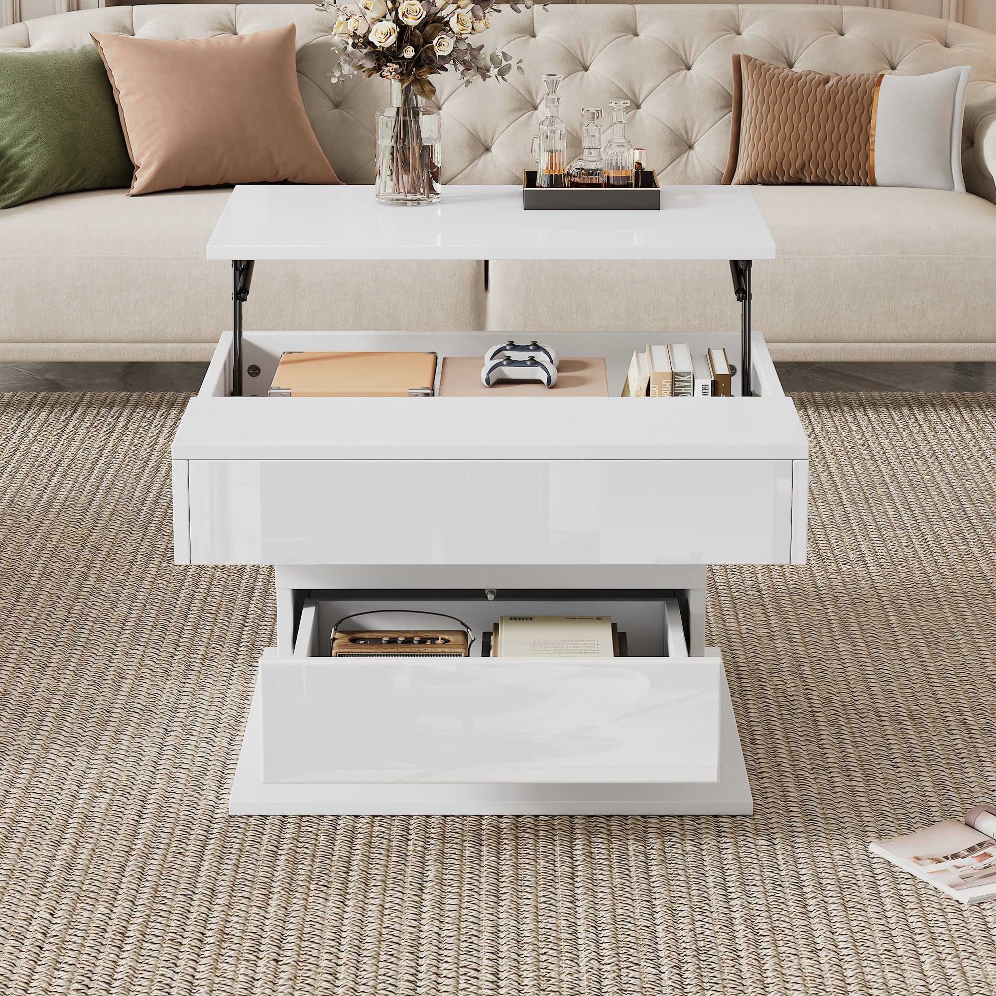 Merax Couchtisch hochglanz Sofatisch 360° drehbar höhenverstellbar Beistelltisch (1-St., quadratischer Kaffeetisch 70x70x45cm), Wohnzimmertisch mit Schublade, v – Bild 4 von 5