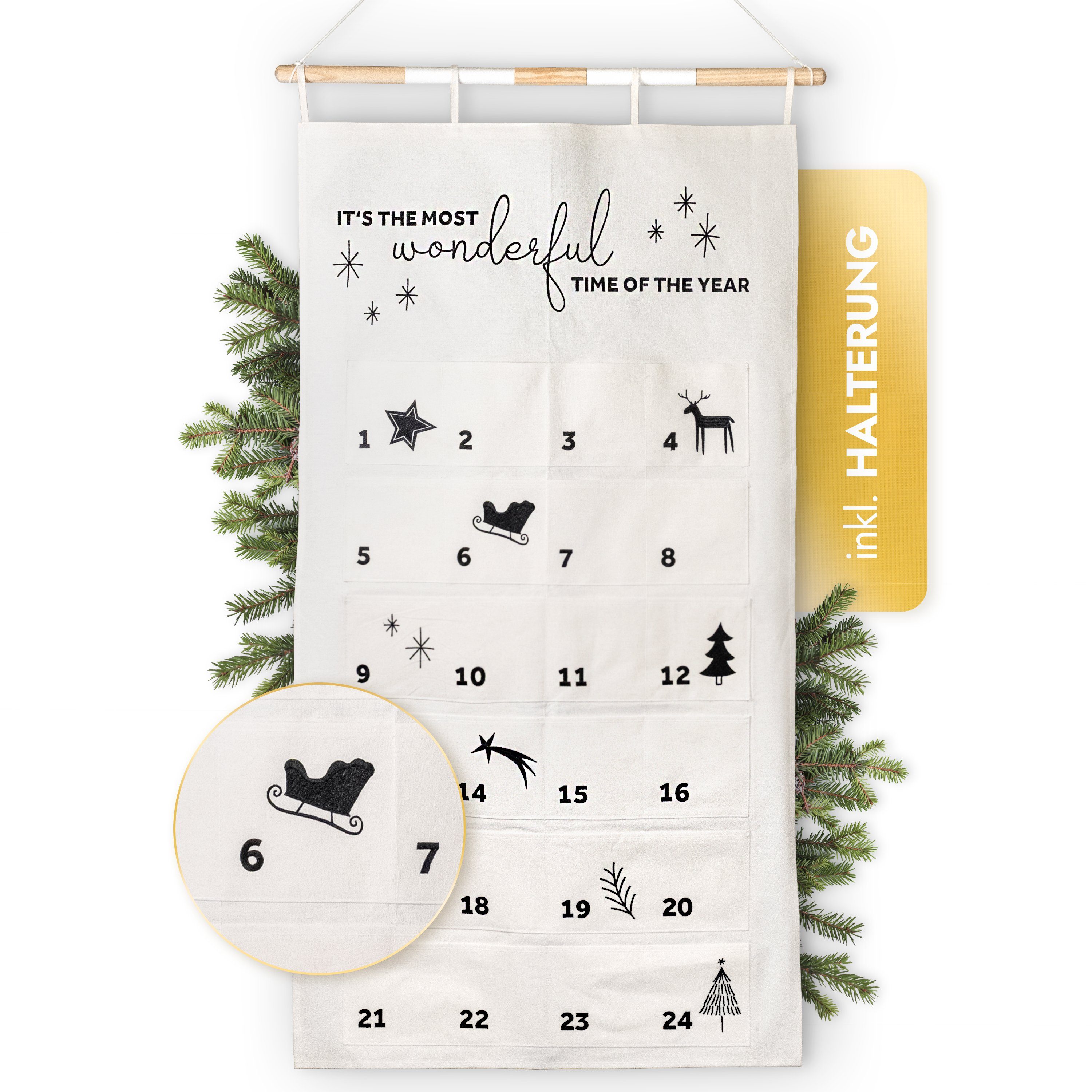 Amari befüllbarer Adventskalender AMARI ® Adventskalender zum Befüllen - Wandkalender mit 24 Fächern Black & White No.015