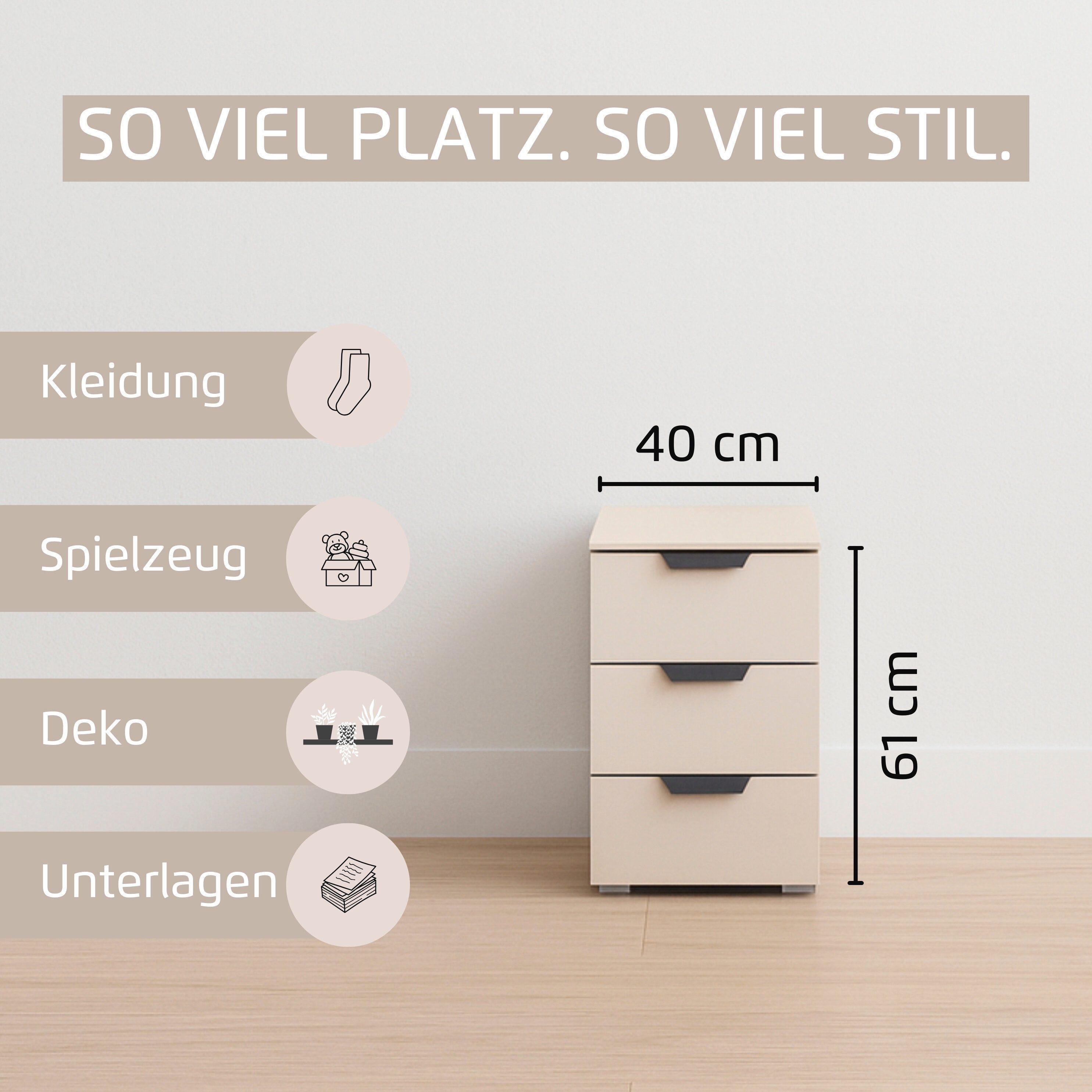 rauch Nachtkommode Nachttisch Nachtkonsole COSTA mit farblich passenden Metallgriffen (in 2 Griff-Farben, Breite 40 cm), drei geräumige Schubladen MADE IN GERMA – Bild 4 von 5