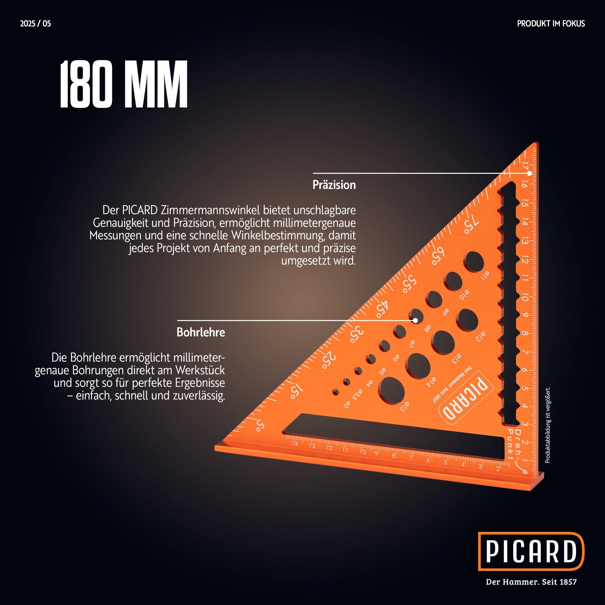 Zimmermannswinkel PICARD Zimmermannswinkel 180mm mit Bohrlehre