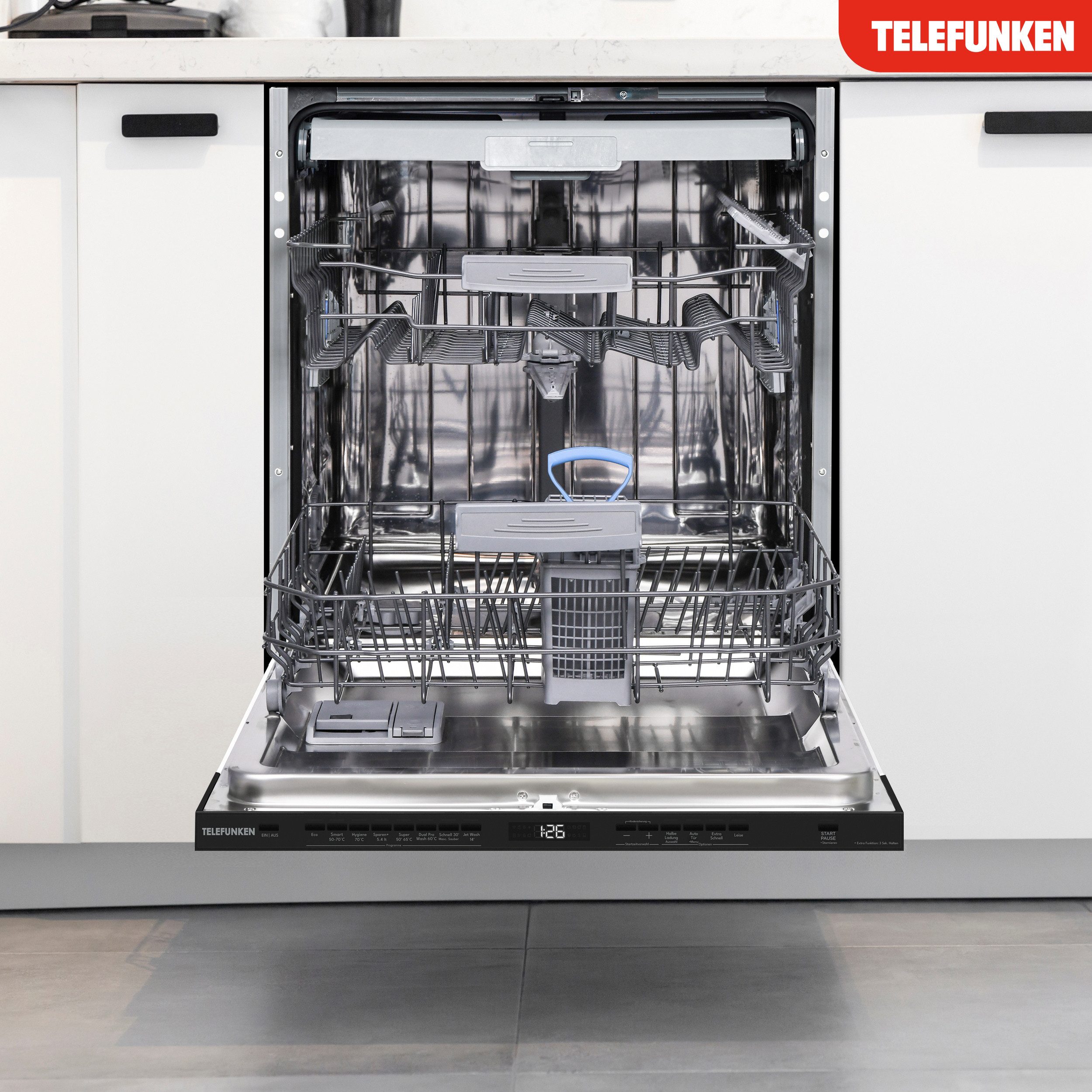 Telefunken vollintegrierbarer Geschirrspüler GEV6014A, 9 l, 14 Maßgedecke, Einbau Spülmaschine vollintegriert 60 cm, 14 Gedecke, AquaStop, EEK A