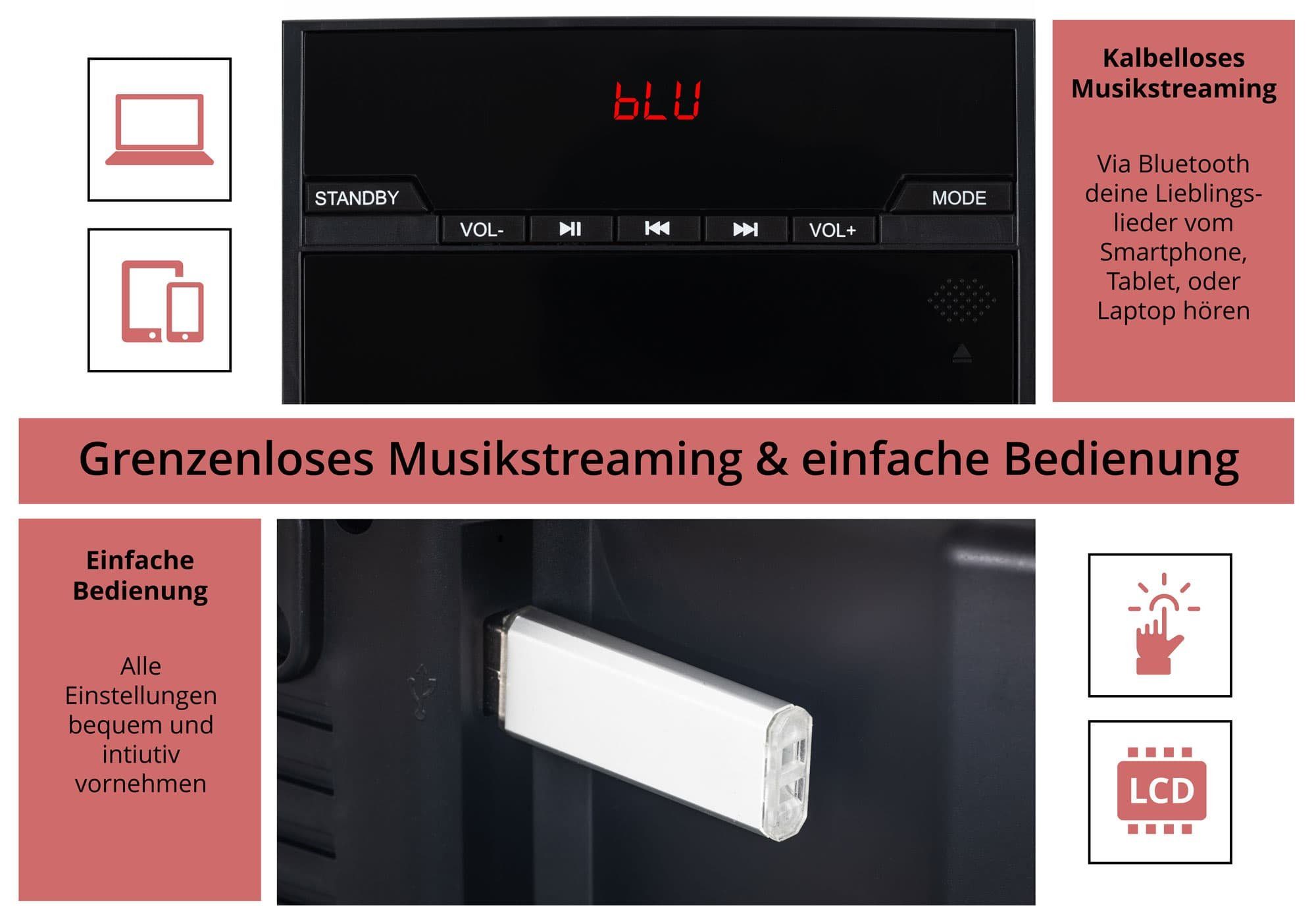 CD/MP3-Player, mit Stereoanlage und Beatfoxx Vertikal 6,00 Microanlage Bluetooth) W, USB-Slot (UKW/MW-Radio, MCD-60