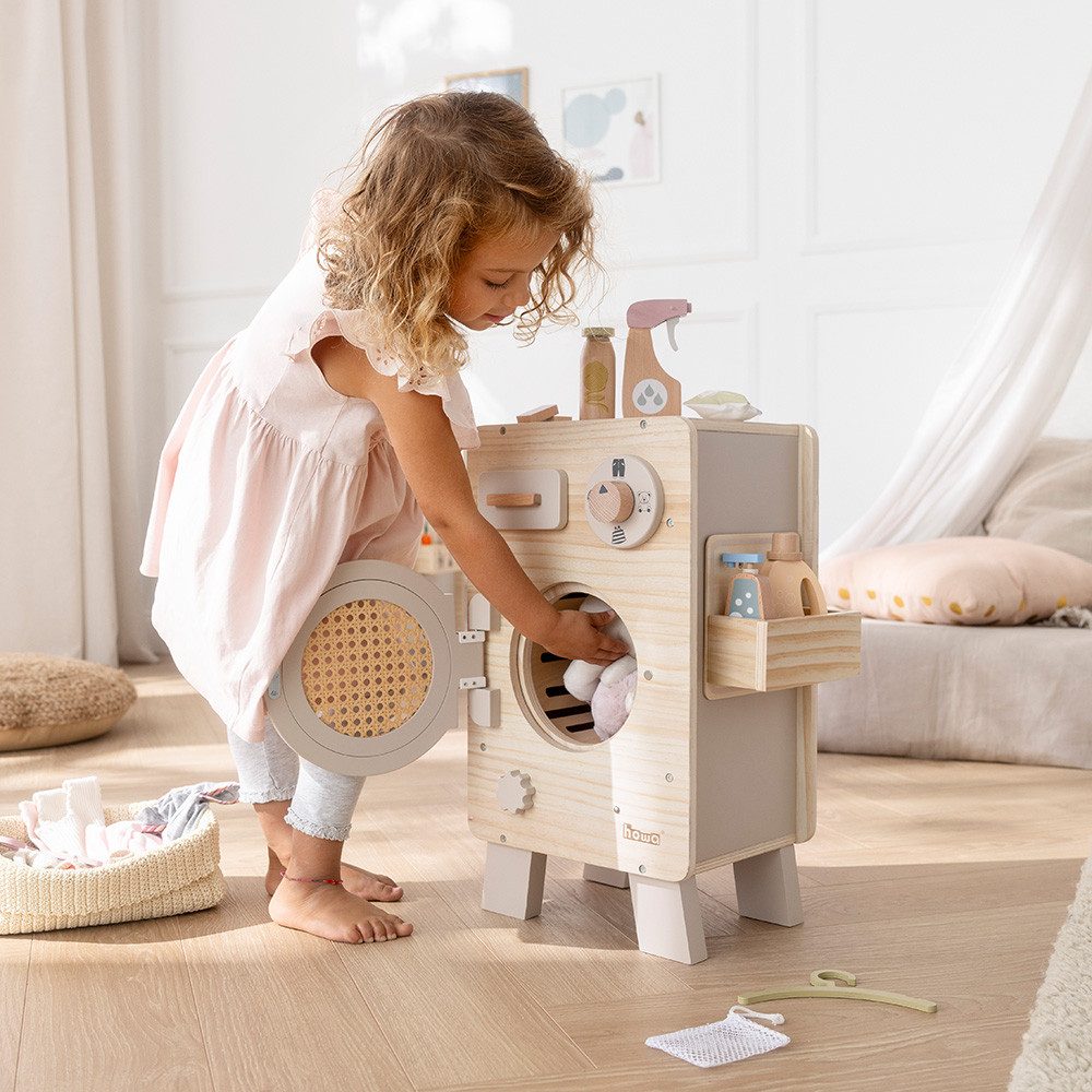 howa Kinder-Waschmaschine, aus Holz Spielzeug Waschmaschine mit drehbarer Trommel