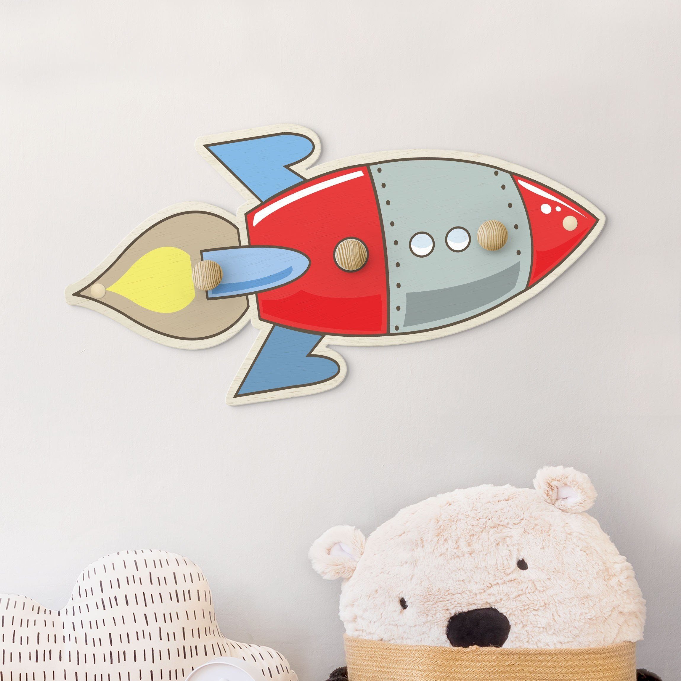 Bilderdepot24 Garderobenpaneel bunt Illustration Rakete rot blau (Kindergarderobe holz Kleiderhaken für die Wand inkl. Montagematerial), moderne Wand Garderobenleiste Flur - kleine Hakenleiste Kinderzimmer