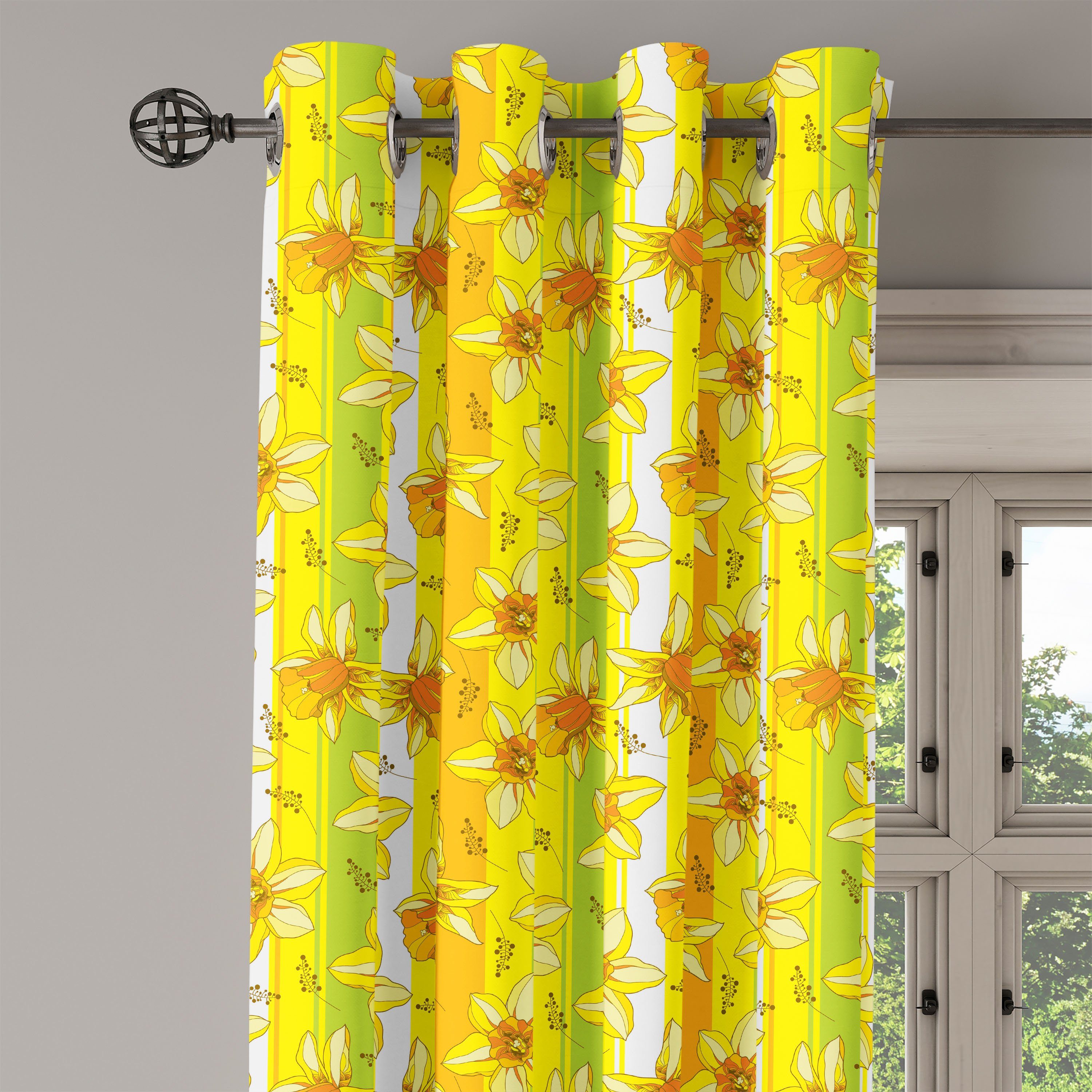 Gardine Dekorative Blume Abakuhaus, Narcissus Schlafzimmer Wohnzimmer, Gelbe Blossom 2-Panel-Fenstervorhänge für