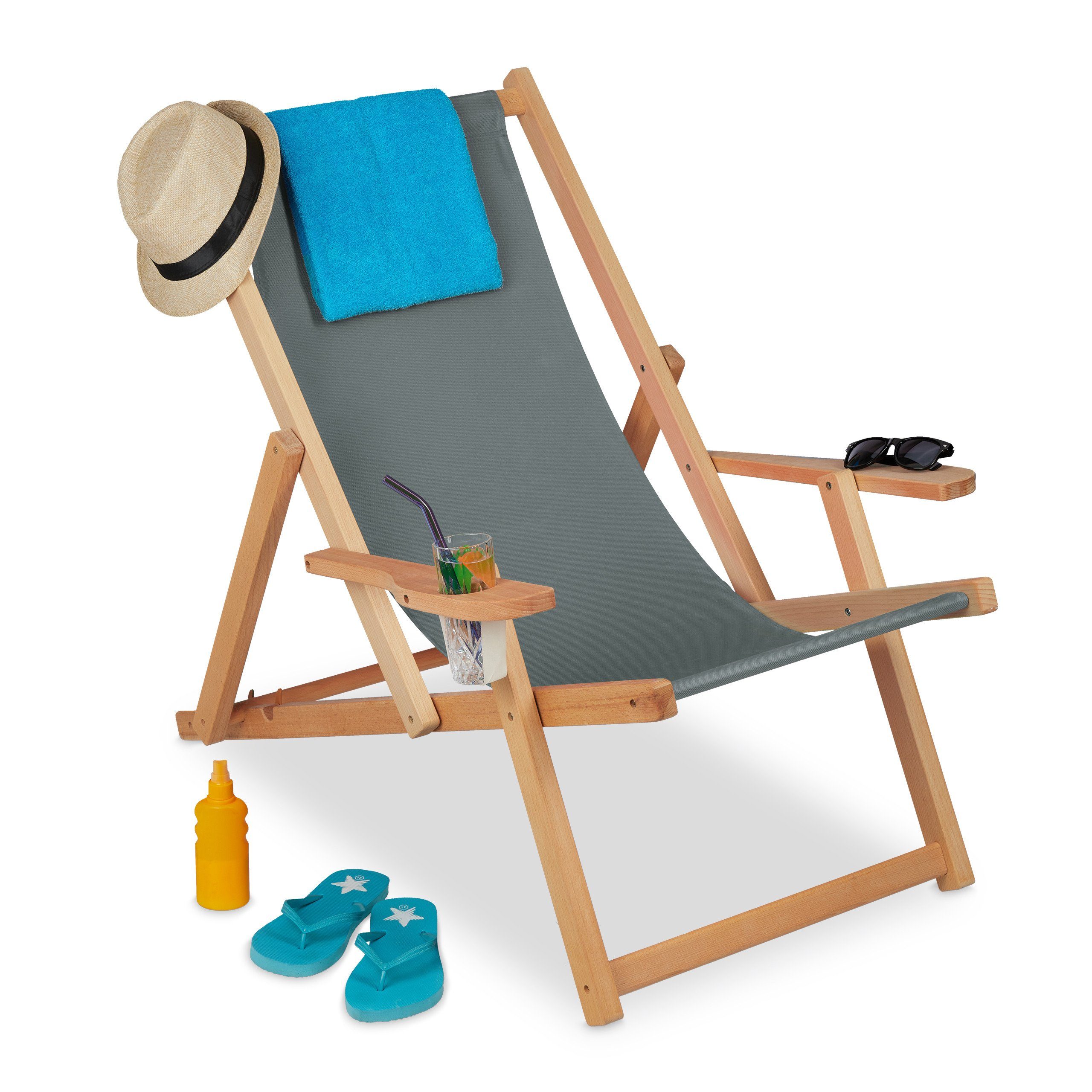 Holz Strandliege mit Stoffbezug klappbar & verstellbar für Garten Strand & Balkon beige Relaxdays Liegestuhl Holz 
