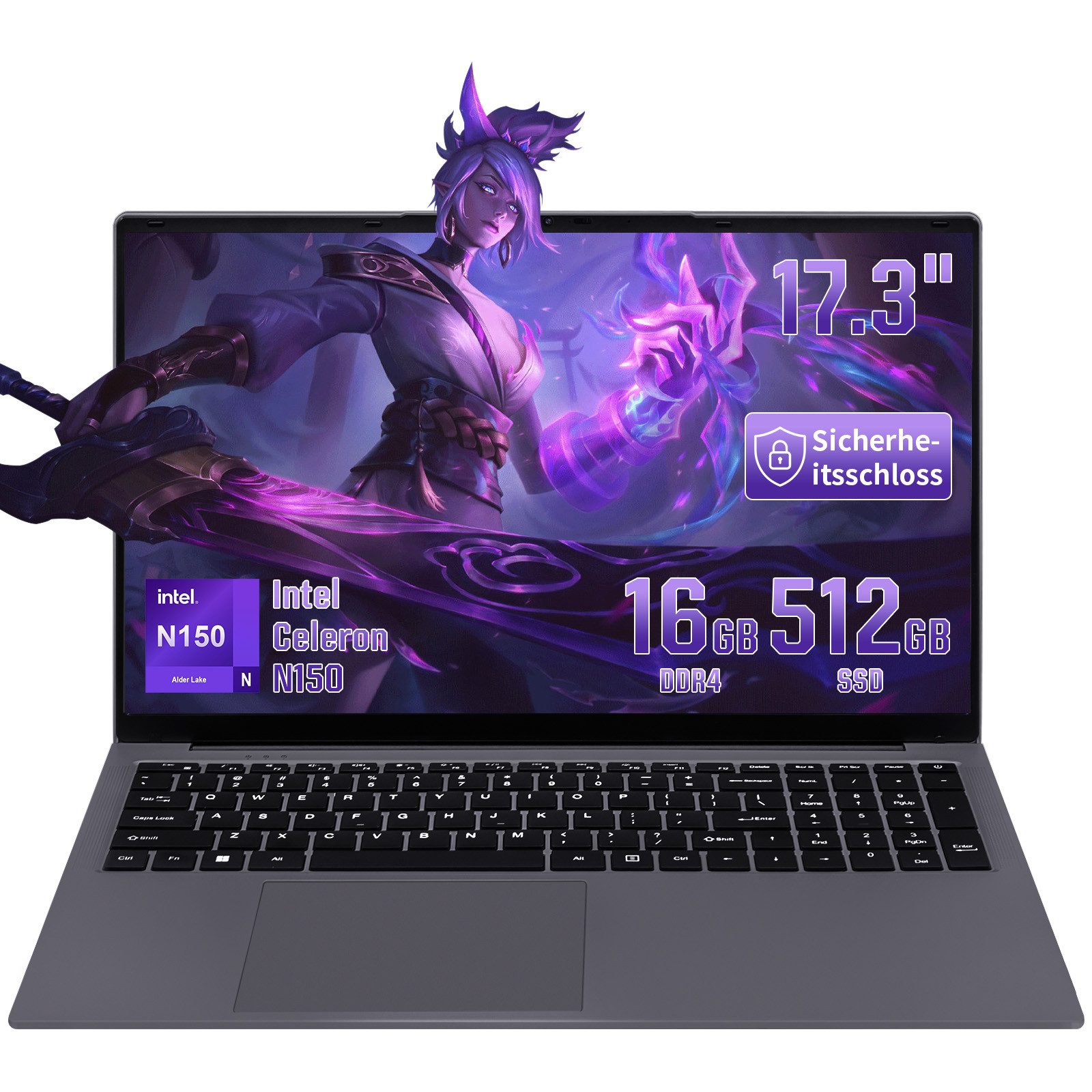 LONGEVINCE 17,3-Zoll-Laptop mit Full-HD-IPS-Display, Intel Celeron N150 Notebook (43,9 cm/17.3 Zoll, Intel Celeron N150, 16 GB, 512 GB SSD, 180° aufklappbares Scharnier, Beleuchtete Tastatur mit Nummernblock)