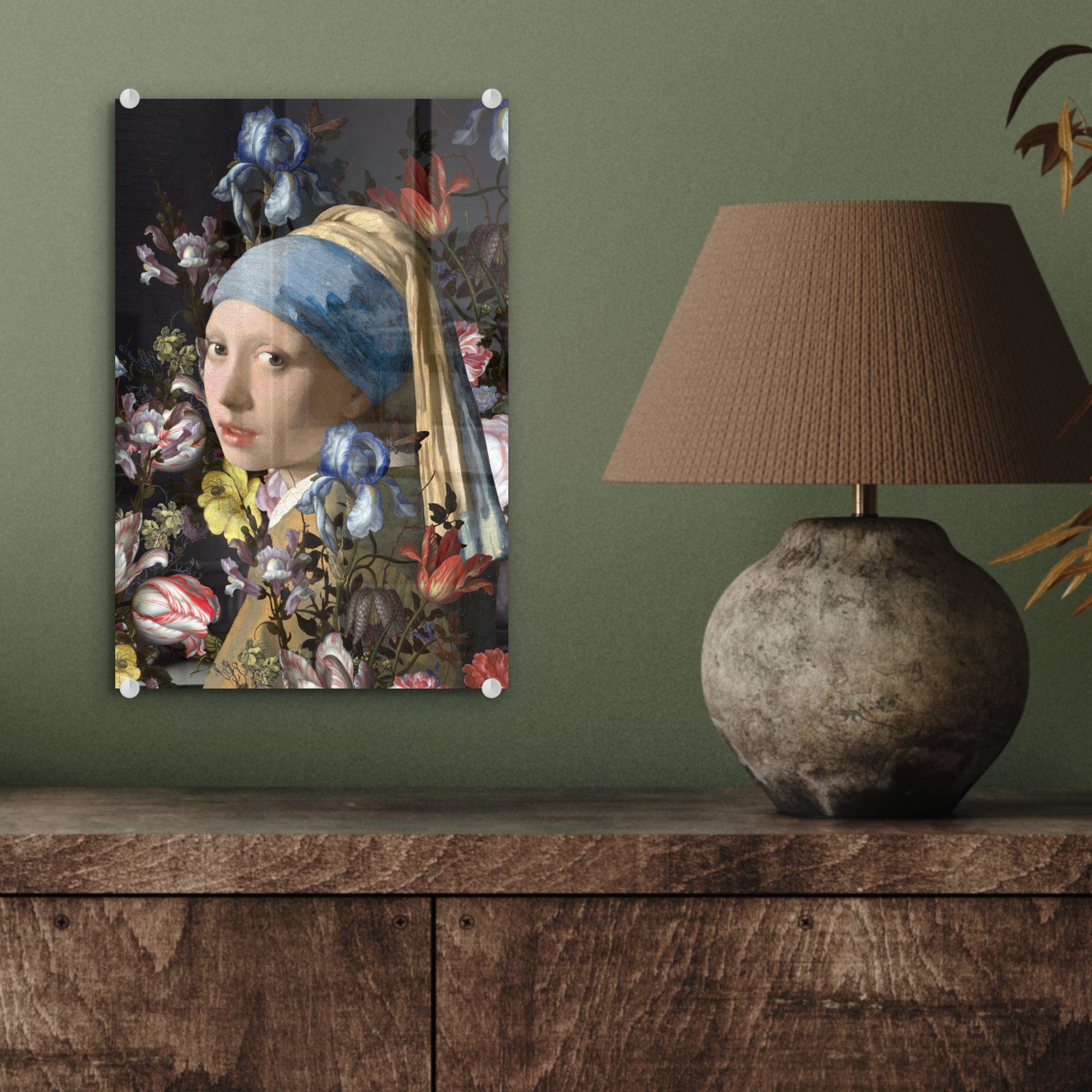 MuchoWow Acrylglasbild - auf Vermeer bunt Foto Glas Mädchen Glas - Wandbild dem mit Johannes St), Wanddekoration Glasbilder (1 Blumen, Perlenohrring Das auf - - - Bilder