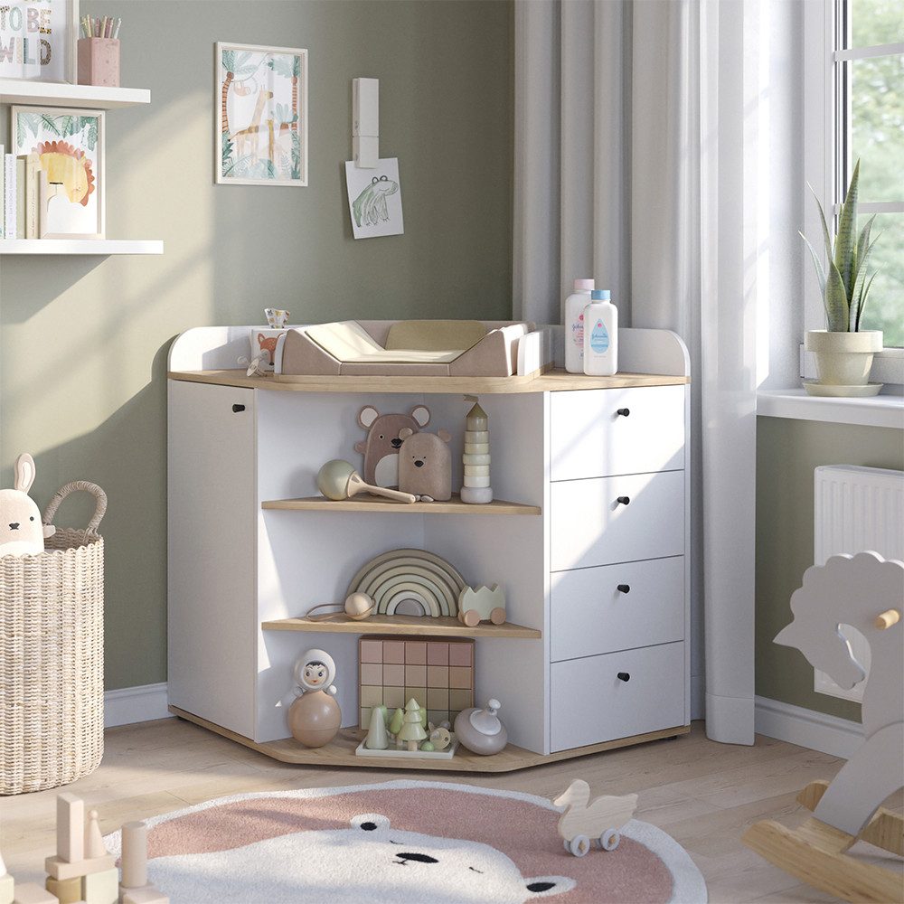 Vicco Wickelkommode Aria, Weiß/Artisan/Artisan-Eiche, 85 x 90 cm mit Regalen und 4 Sch...