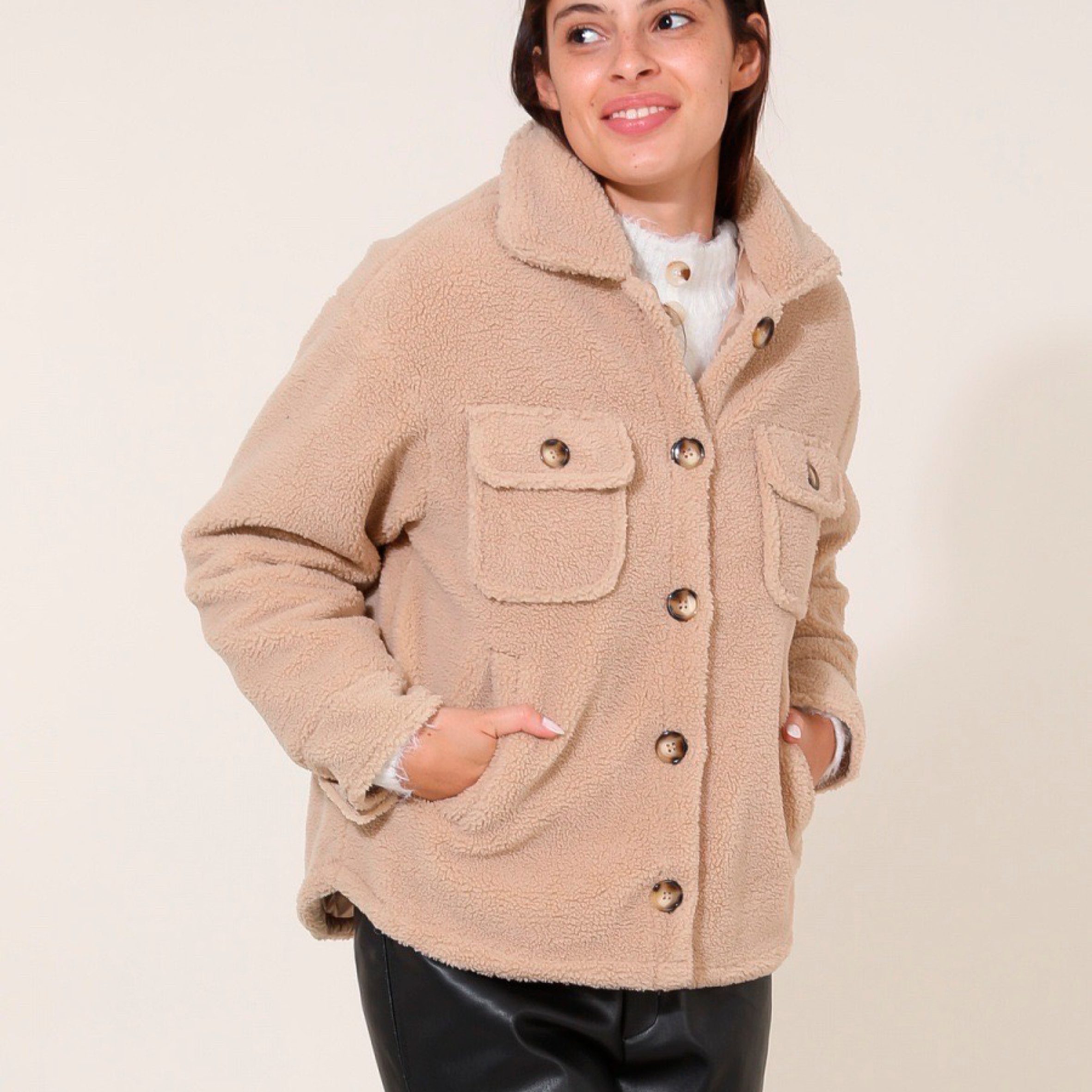 30seven Wintermantel beheizter Fleecemantel mit Hemdkragen - Farbe Beige 7,4V Set inkl. Akku & Ladegerät