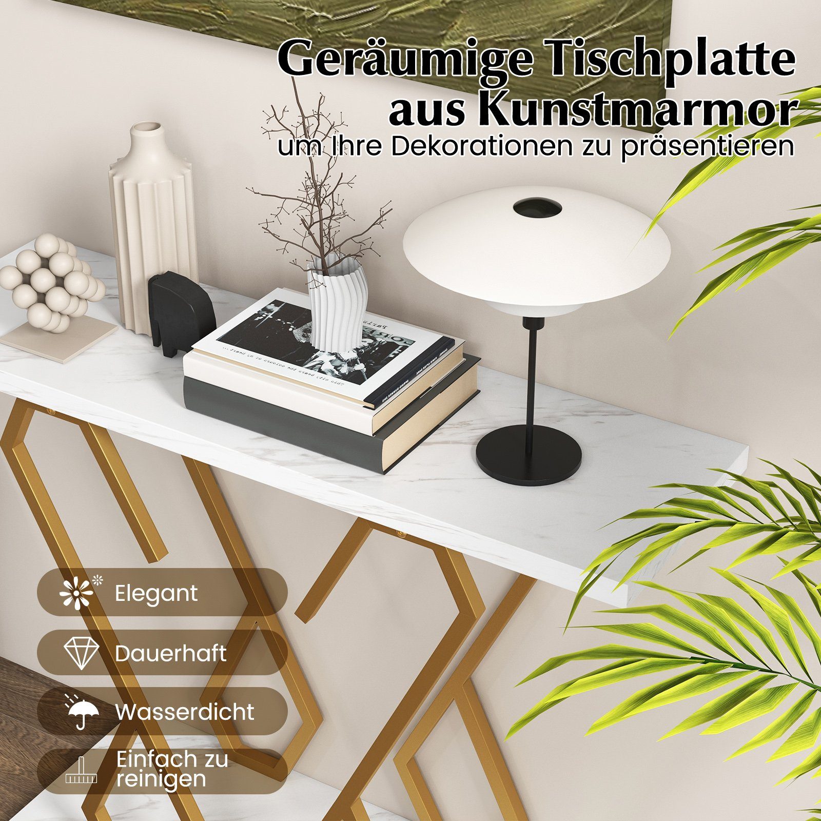 COSTWAY Konsolentisch, Marmor schmal, Metallrahmen in Schmetterlingsform Gold