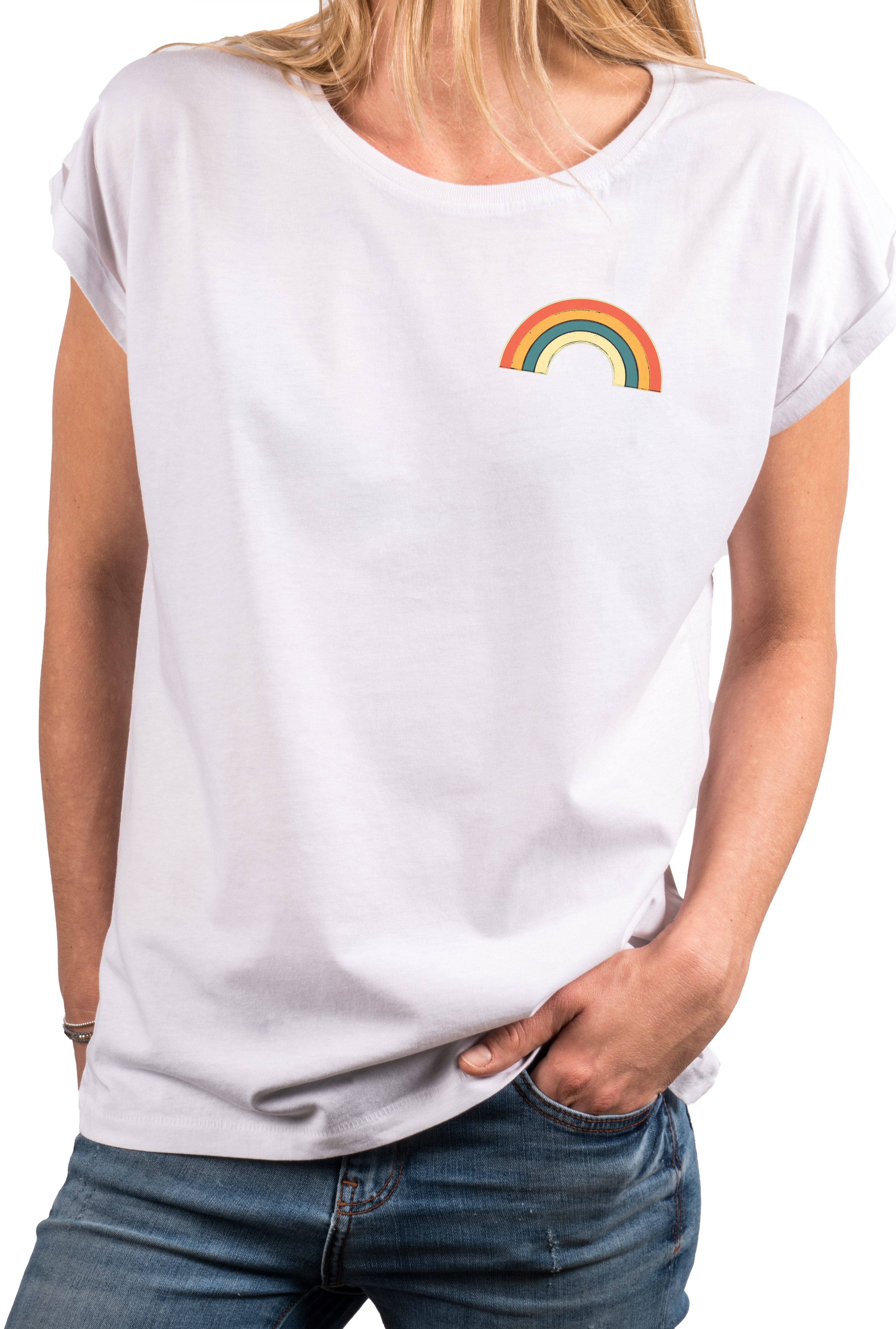 MAKAYA T-Shirt mit Regenbogen Damen Top Rainbow Sommer Tunika Stylisch Elegant (Schwarz, Blau, Grau, Grün, Rosa, Weiß, 36, 38, 40, 42, 44, 46, 48, 50) Baumwolle