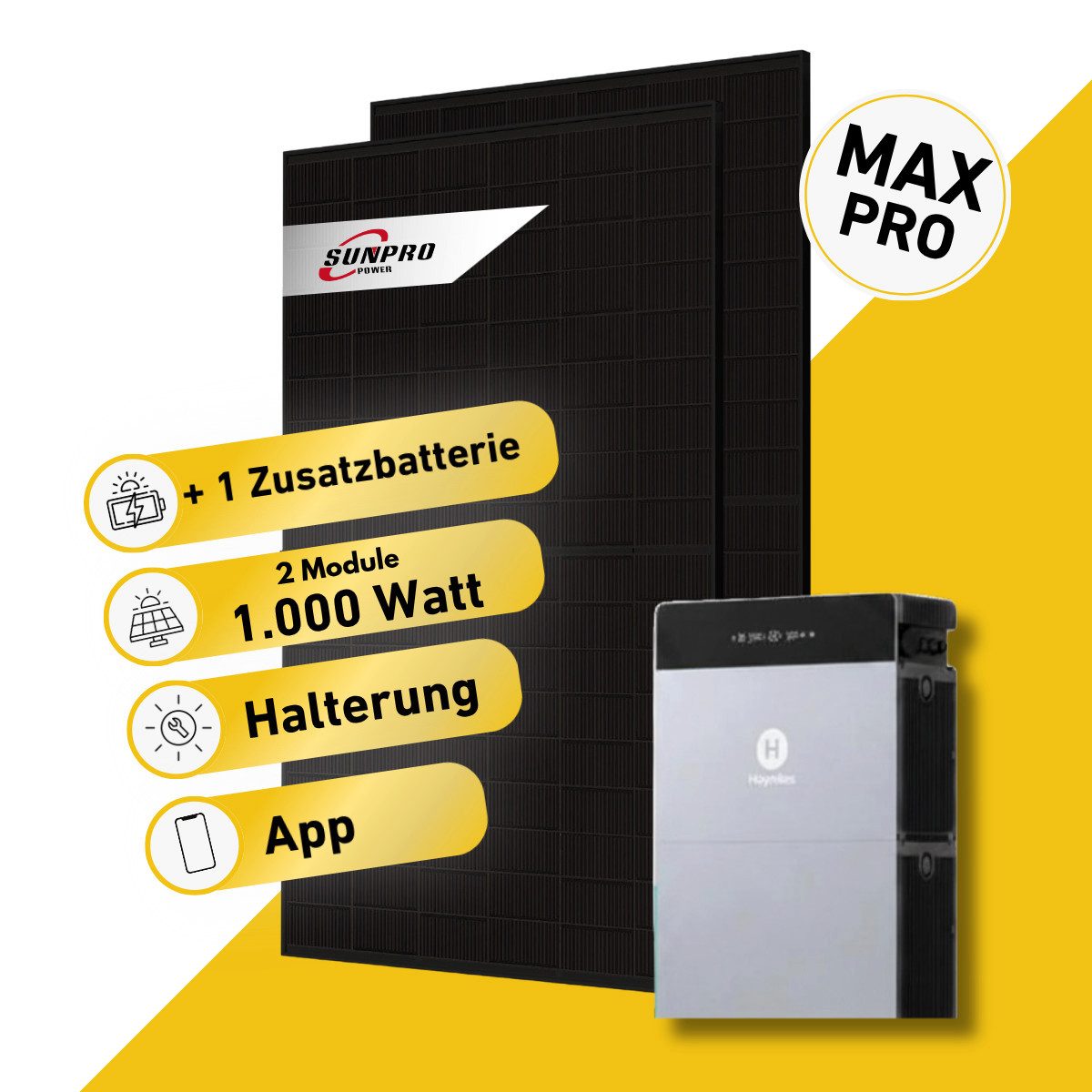 Balkonstrom Balkonkraftwerk MAX Pro 1000 Watt Solaranlage mit Speicher Komplettset Bifazial, 1000 W, Monokristallin, (2x Sunpro Solarmodul á 500 Watt, 1x Hoymiles HiBattery 4020 X, 1-3 Zusatzspeicher HB-4020-S), Halterung für Dach, Fassade, Balkon & Garten, App & Plug&Play DE
