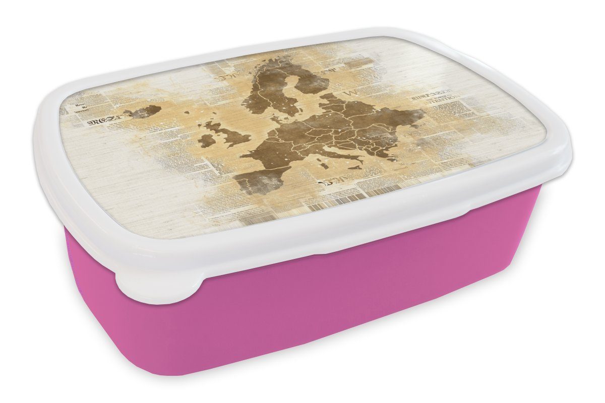 MuchoWow Lunchbox Karte von Brotbox - Erwachsene, Kunststoff Zeitung, (2-tlg), Braun Mädchen, für Europa - Snackbox, Kinder, rosa Kunststoff, Brotdose