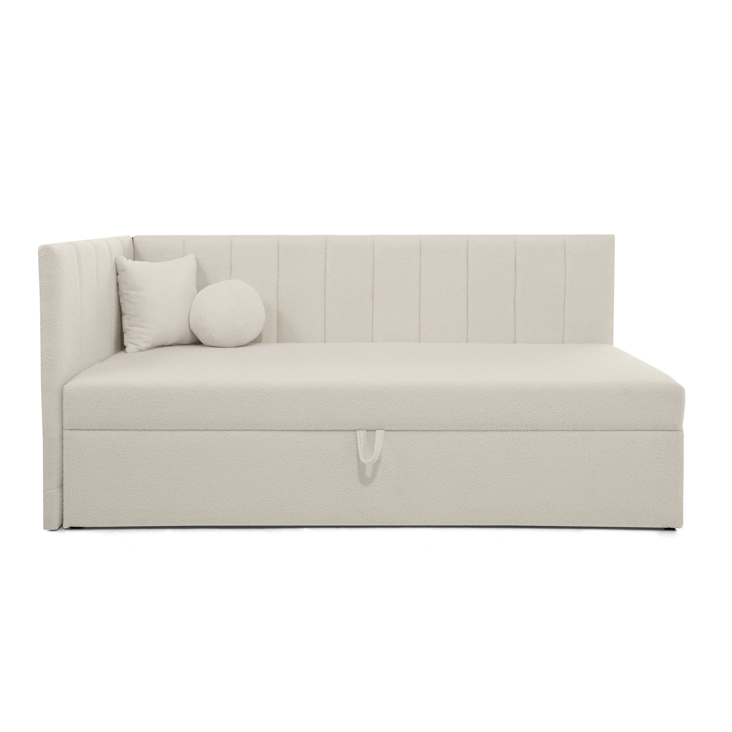 Beautysofa Einzelbett 90×200 mit Bettkasten RAFI (modernes Eckbett aus Bouclé-Stoff, für Kinder- und Jugendzimmer), mit Topper und Kissen