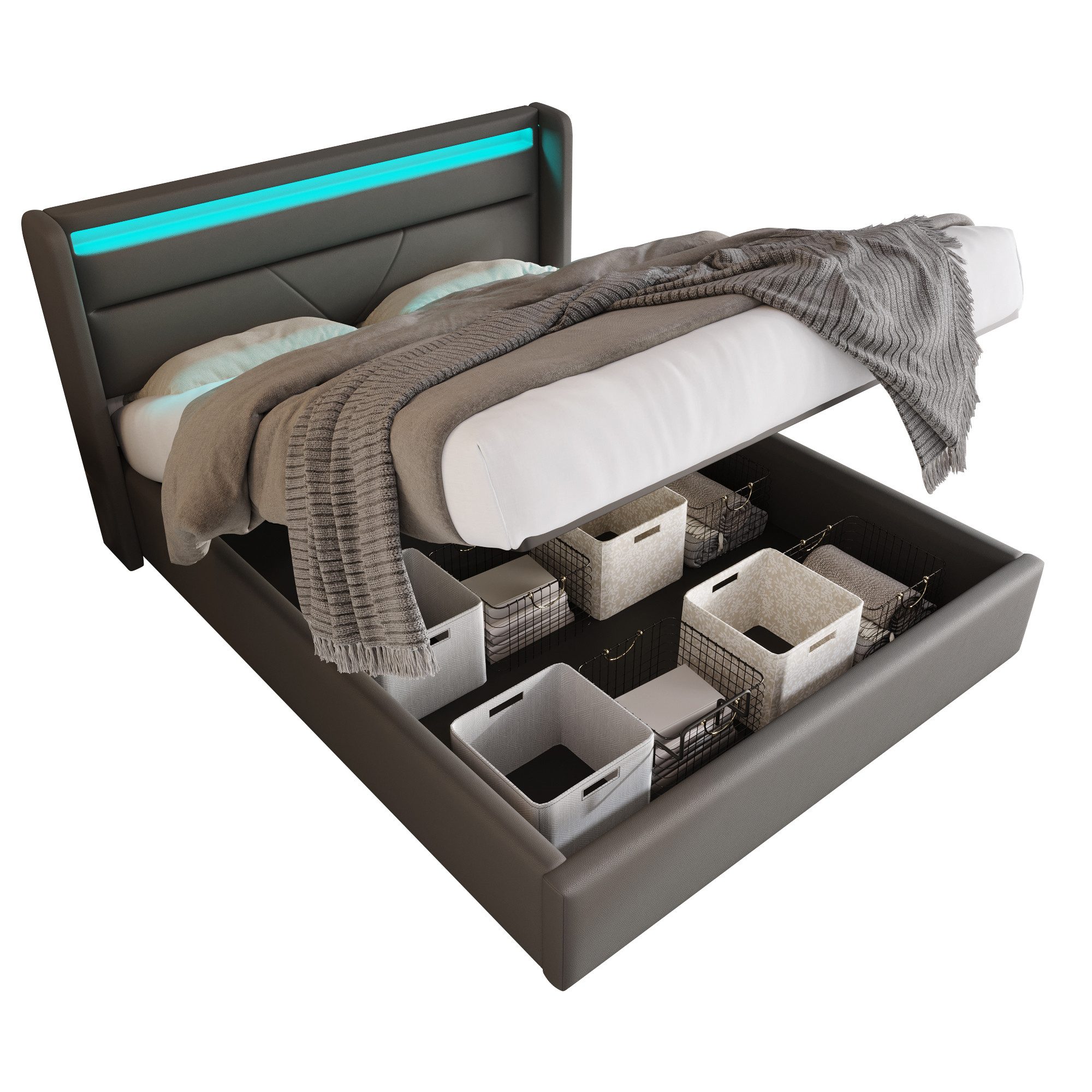 REDOM Polsterbett Doppelbett Bettgestell Stauraumbett mit LED-Beleuchtungsleiste, Funktionsbett, Mit Fernbedienung, ohne Matratze