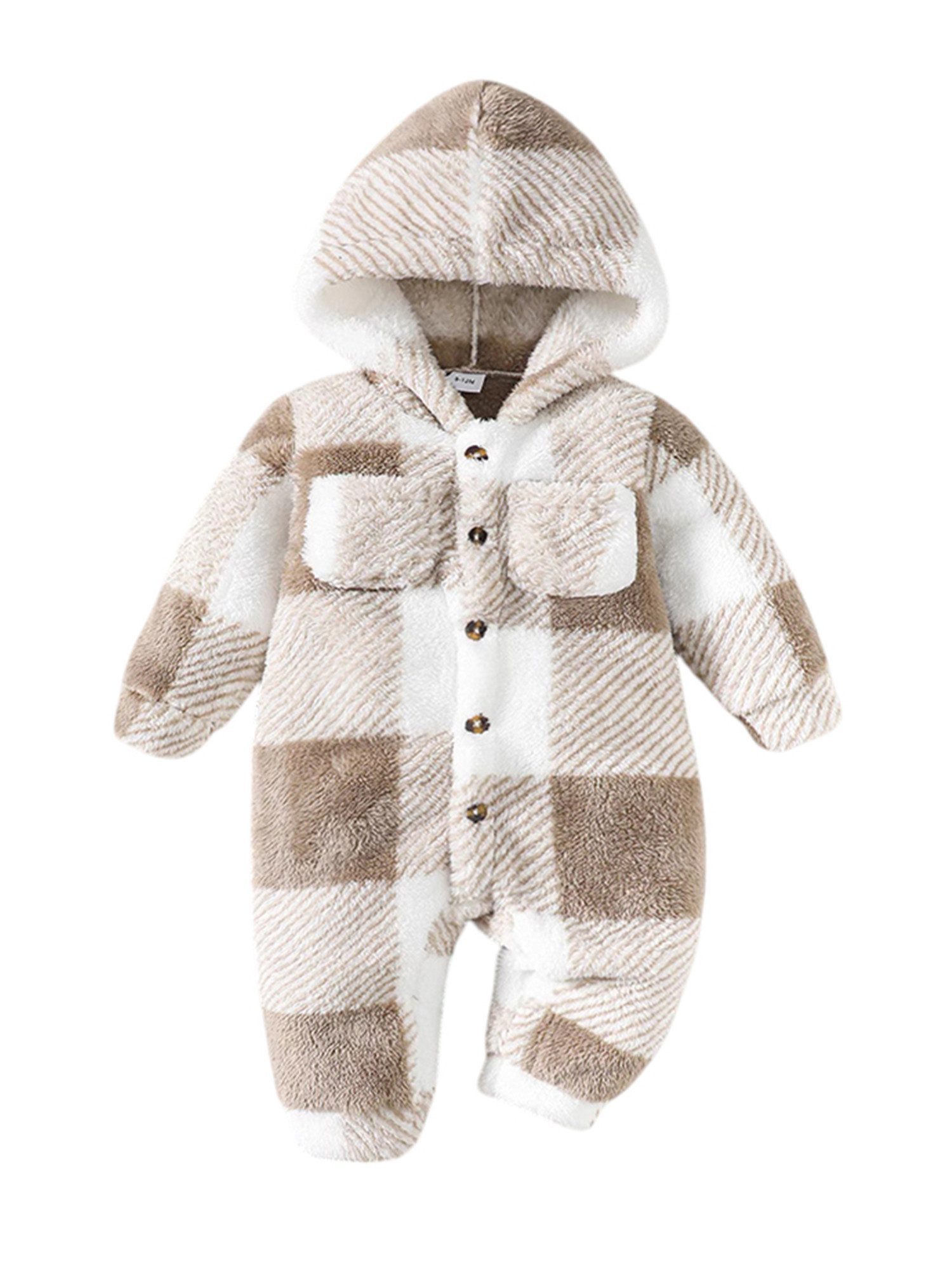 Lapastyle Strampler Unisex Baby Langarmoverall mit Kapuze Warmer Babykleidung (1-tlg) Flanell Jumpsuit, Karierter Strampler, 3–24 Monate