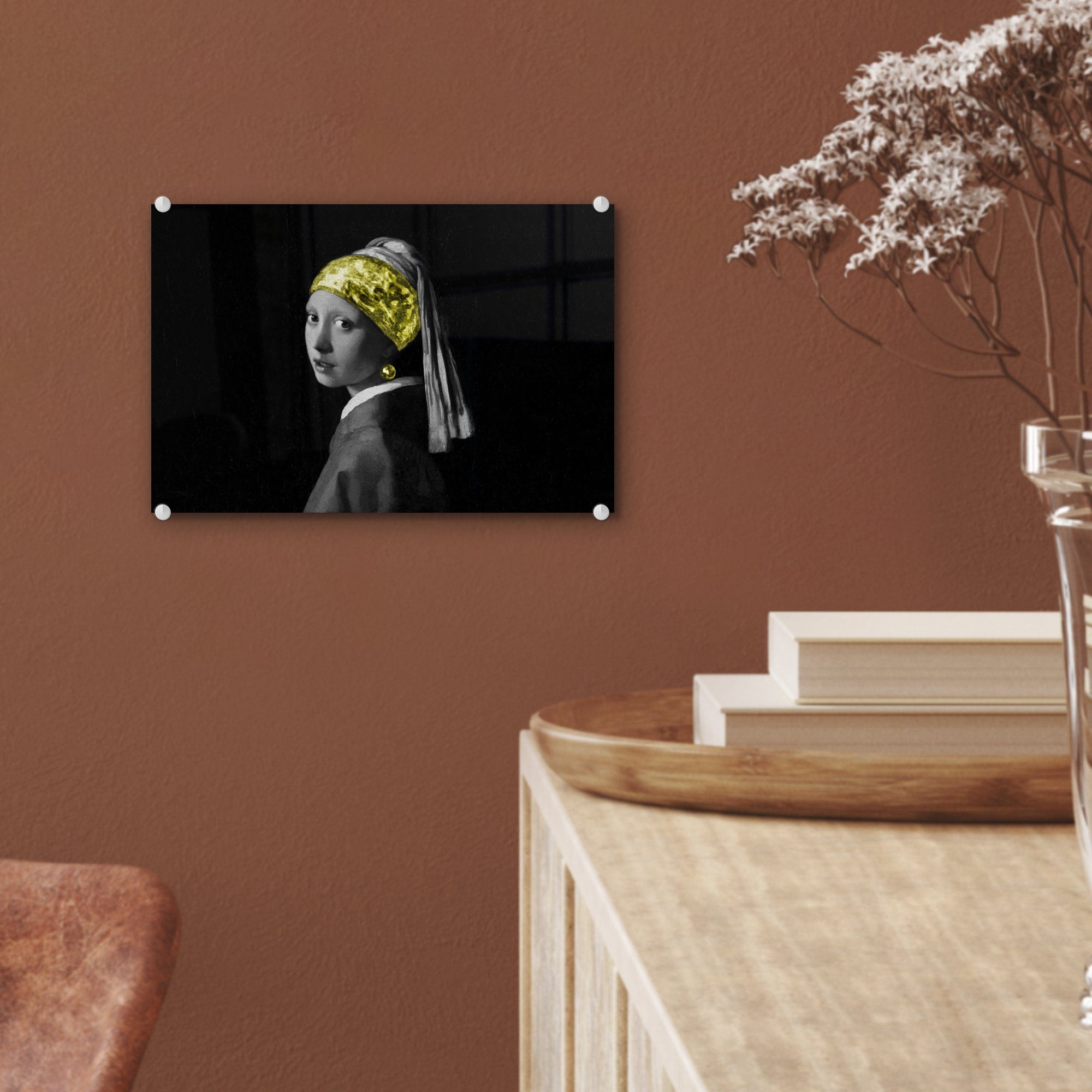 Bilder Acrylglasbild Glas Glasbilder Gold - auf Mädchen Stirnband, - (1 - auf St), Wanddekoration Glas Wandbild Foto Perlenohrring - MuchoWow mit -