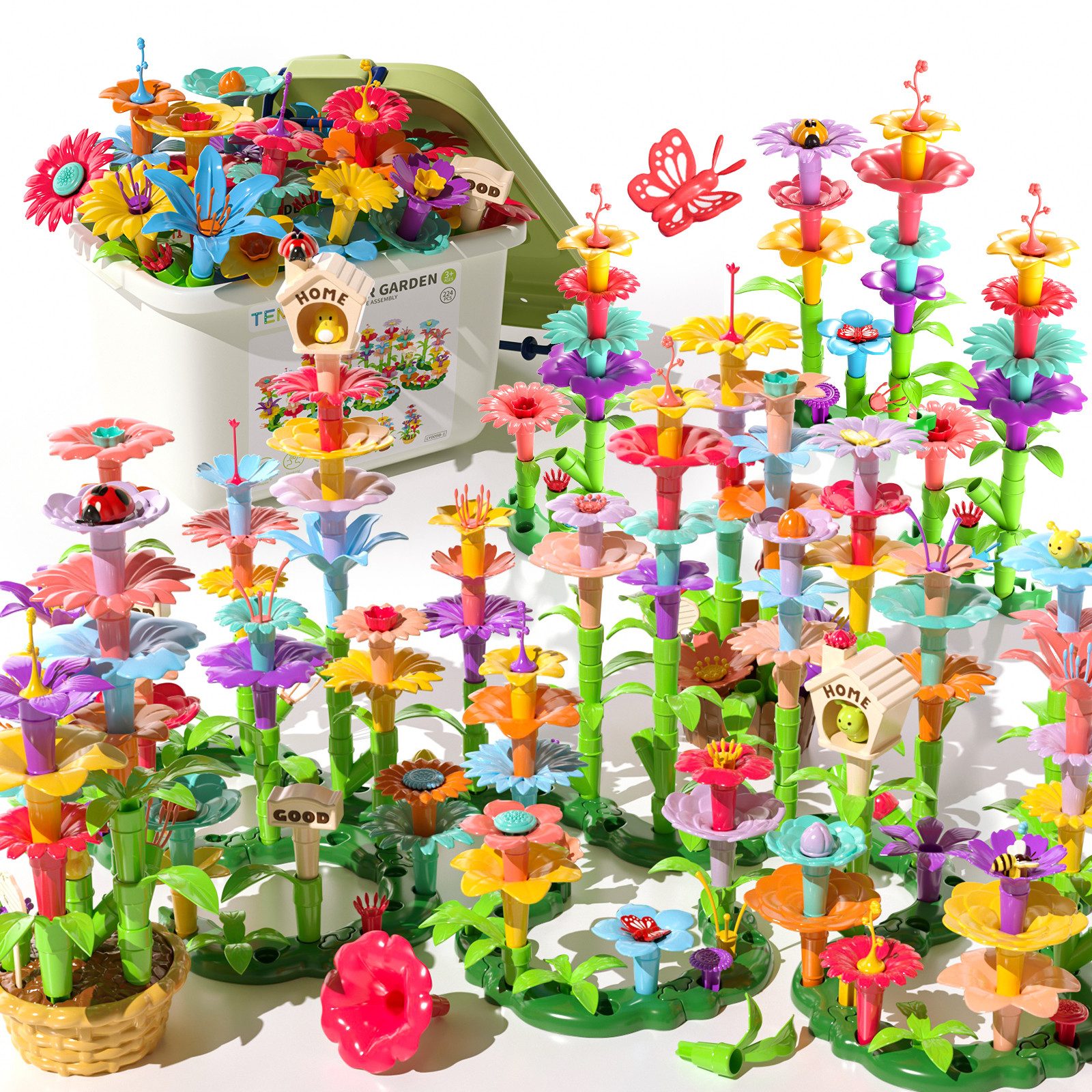 TEMI 91/138/224 PCS Blumen Garten Gebäude Spielzeug Spielbausteine, (Set, 224 St., Blumen Spielbausteine mit Aufbewahrungsbox), Blumen Bauspielzeug, Lernspielzeug für Mädchen Jungen ab 3 Jahren