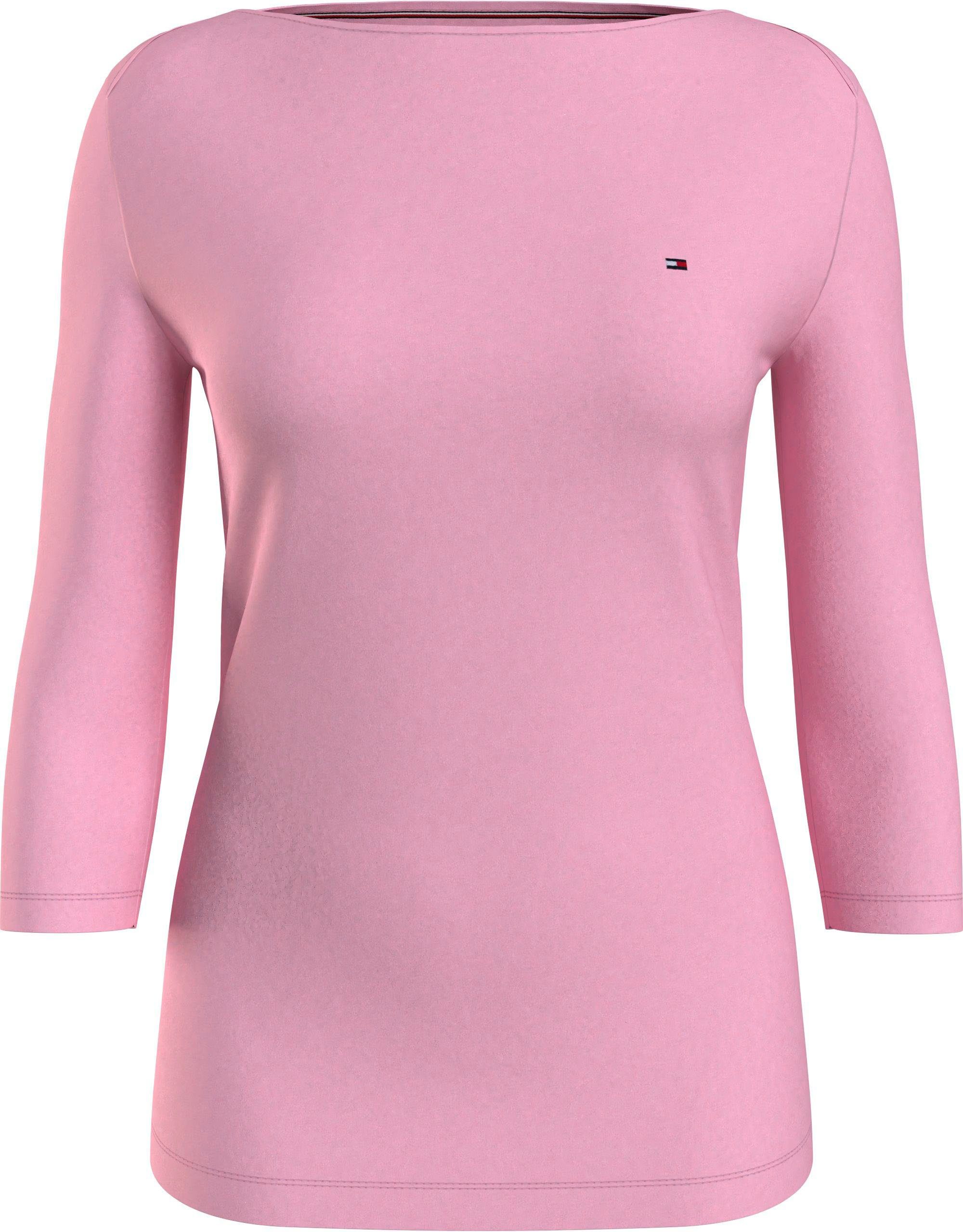 Tommy Hilfiger SLIM 3/4 mit pink TOP SLV CO 3/4-Arm-Shirt BOAT-NK ORG Tommy-Hilfiger-Logostickerei
