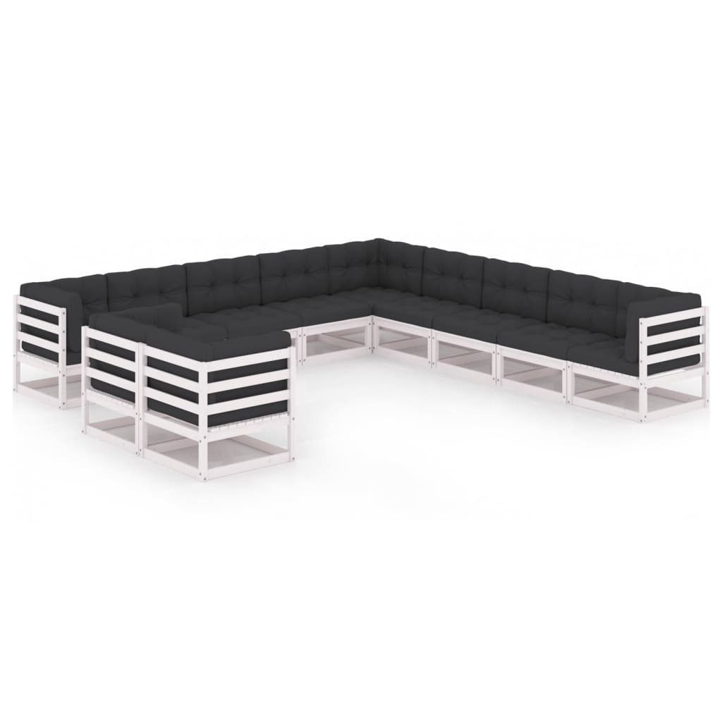 Kissen Kiefer vidaXL Gartenlounge-Set (1-tlg) mit Weiß Massivholz, 11-tlg. Garten-Lounge-Set