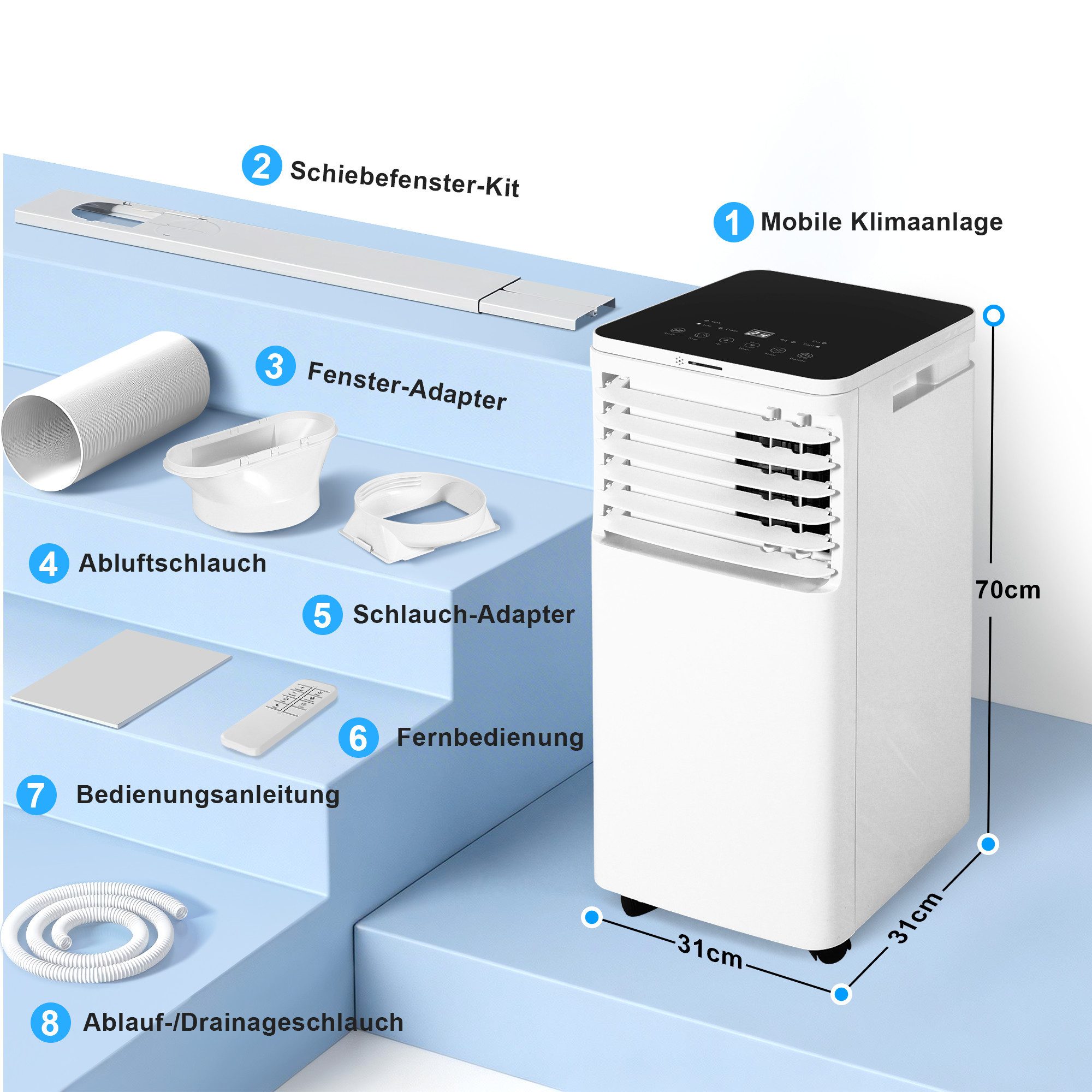 Nettlife Klimagerät Mobile Klimaanlage 7.000/9.000 BTU – 3-in-1 Gerät Leiser Schlafmodus, für Räume bis 20 m² Leiser für Mietwohnungen ohne Bohren
