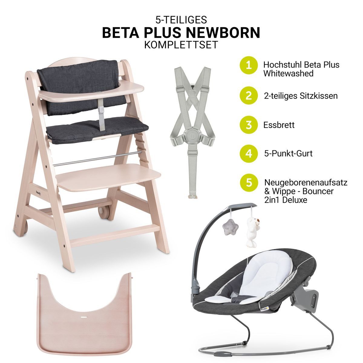 Hauck Hochstuhl Beta Plus Whitewashed Newborn SetWippe Deluxe, Holz Babystu günstig online kaufen