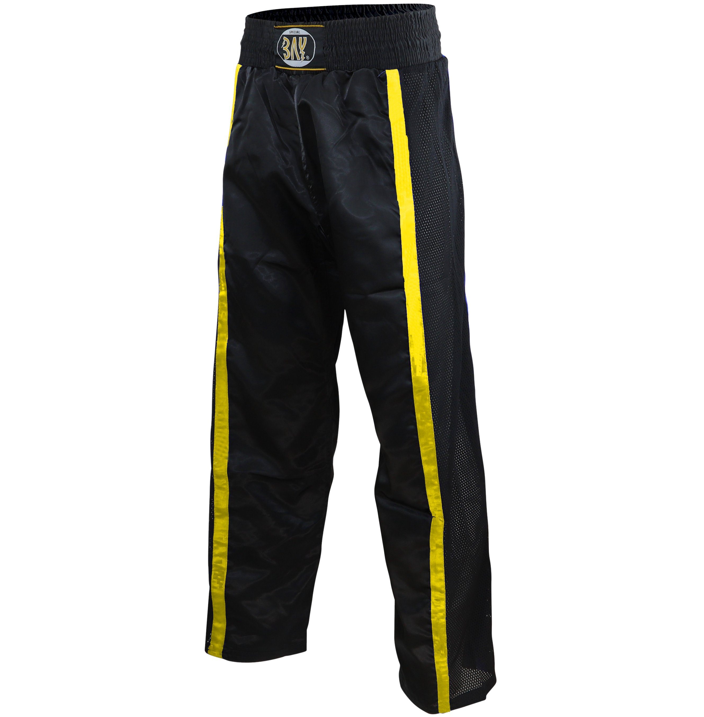 BAY-Sports Sporthose Netz Kickboxhose Hose lang Kickboxen Kampfsport mit Mesh Kick-Boxen (Stück, Mesh Einsätzen) Mesheinsätze, schwarz/gold, für Kinder und Erwachsene