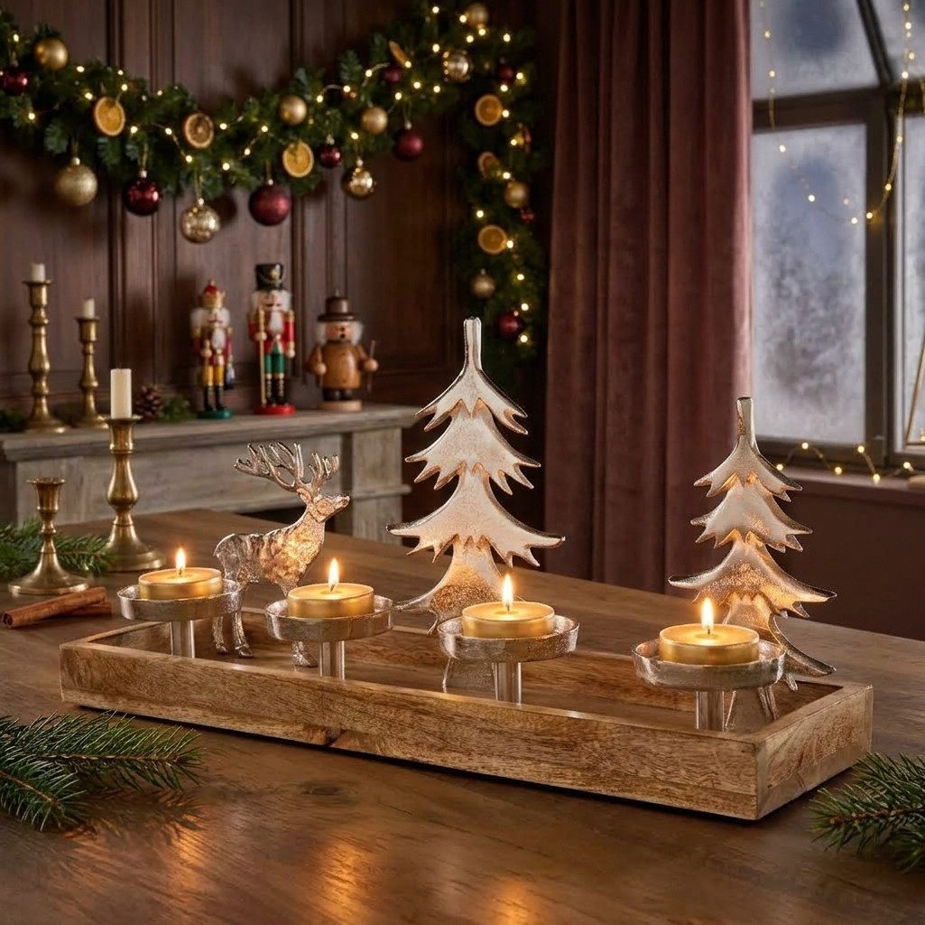 Home-trends24.de Teelichthalter Kerzenhalter Waldszene Adventskranz Kerze Weihnachten Deko 50 cm (1 St)