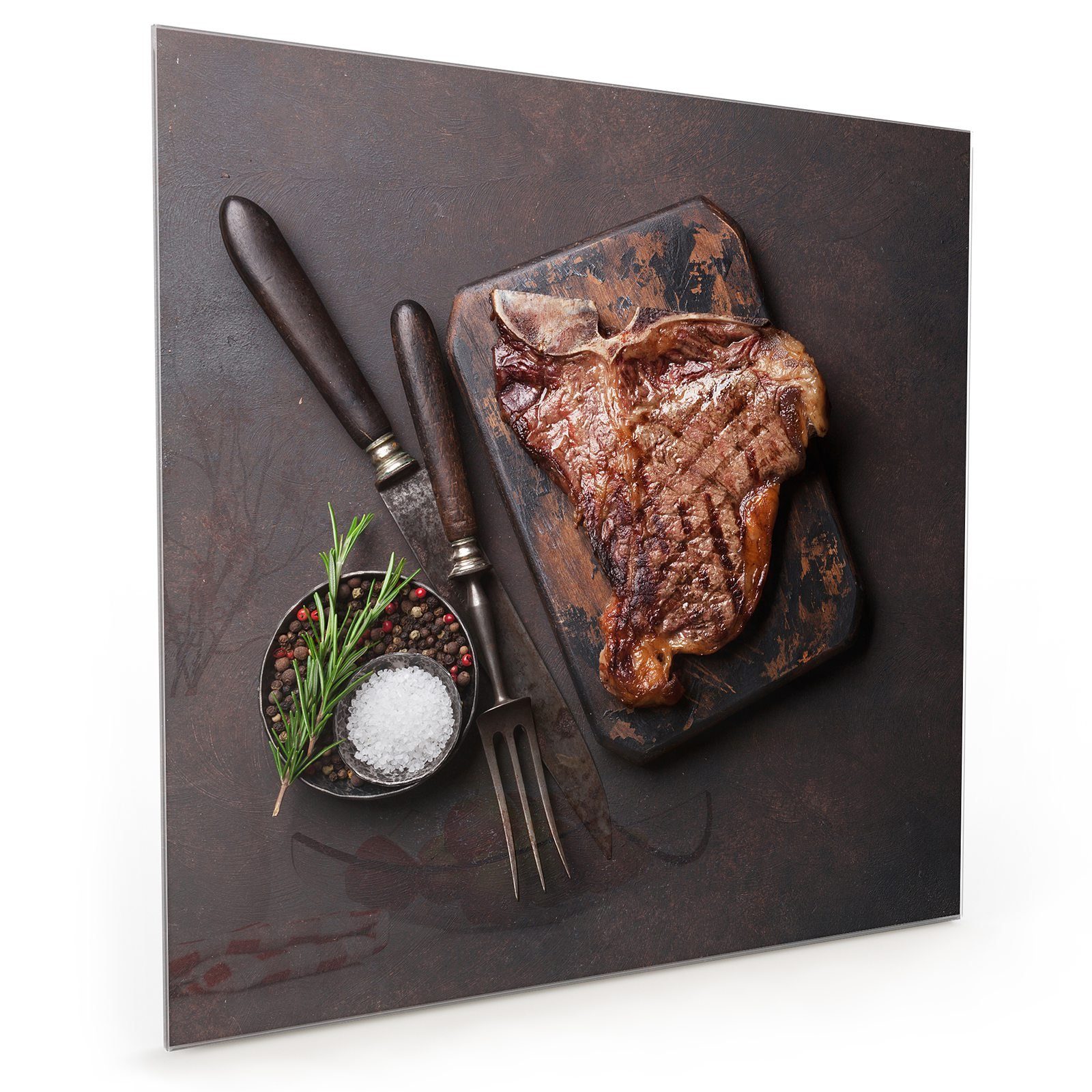 Primedeco Küchenrückwand Küchenrückwand Spritzschutz mit Glas Gegrilltes T-Bone Motiv Steak