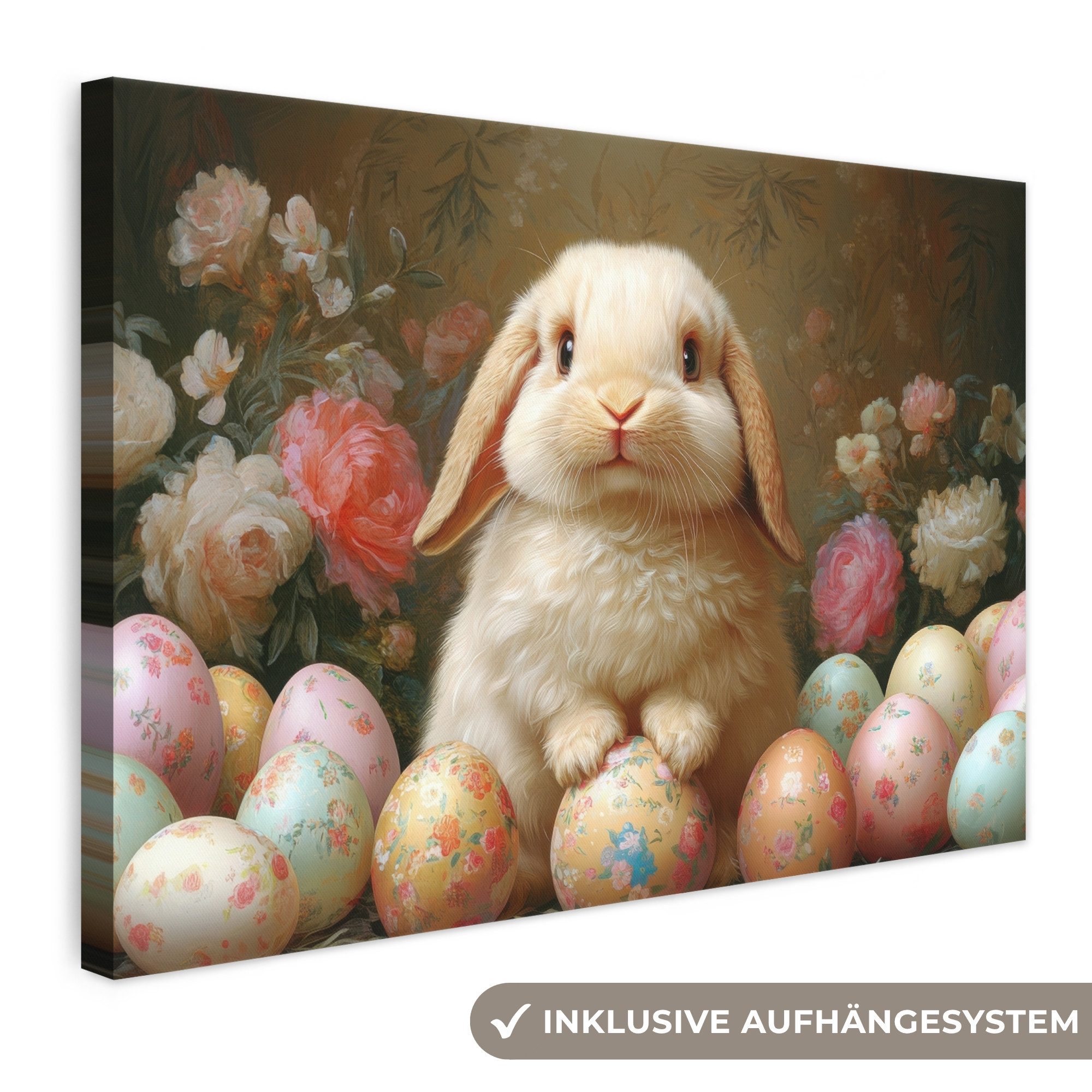 OneMillionCanvasses® Leinwandbild Kaninchen - Ostereier - Stilleben - Ostern Deko, Fotodruck (1 St), Leinwand Bilder Klein, Wand Dekoration Aesthetic 30x20 cm
