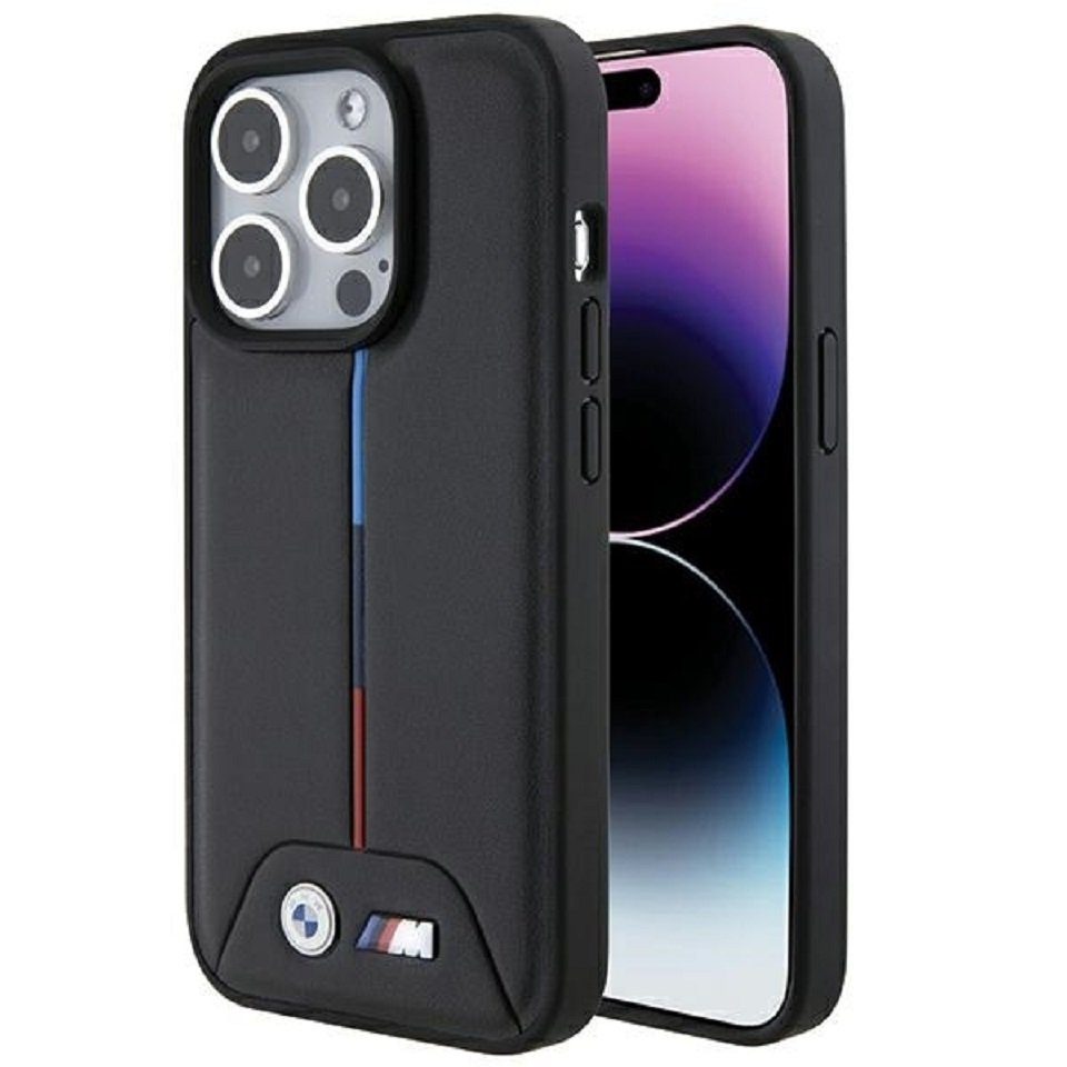 BMW Handyhülle Case iPhone 15 Pro Max Kunstleder Streifen schwarz rot blau Logo 6,7 Zoll, Kantenschutz