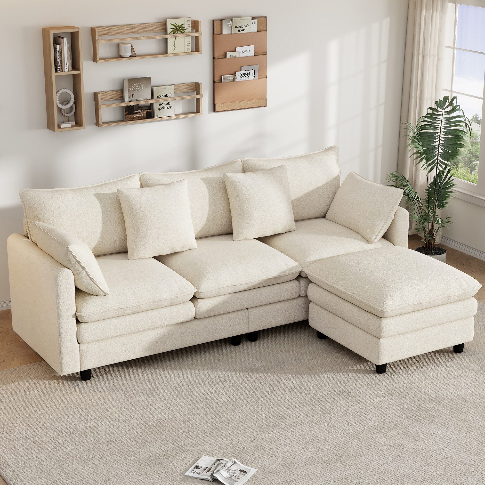 KLAM HOME Ecksofa Beiges L-Ecksofa aus Chenille mit frei positionierbarer Chaiselongue, 3-Sitzer Ecksofa mit Zierkissen, belastbar bis 120 kg für Wohnzimmer, Modernes Ecksofa 212×150×90 cm für Wohnung und Büro