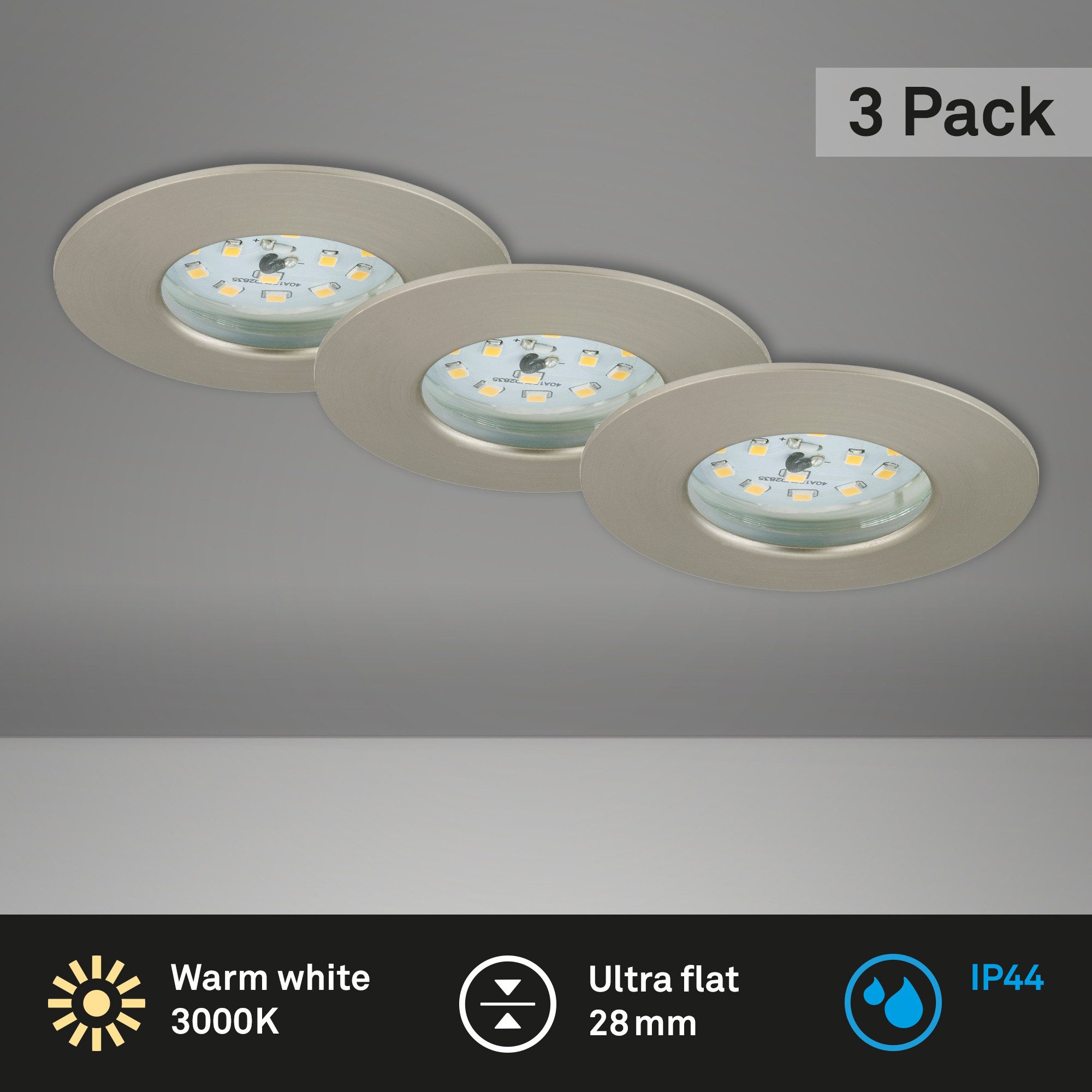 Briloner Leuchten LED Einbaustrahler Einbauleuchte Extra-Warmweiß 3er Set auch für Bad, LED fest integriert, 2700K - Extra - Warmweiß, Einbauleuchte 3er SET auch für Bad - IP44 Ø 7,5cm