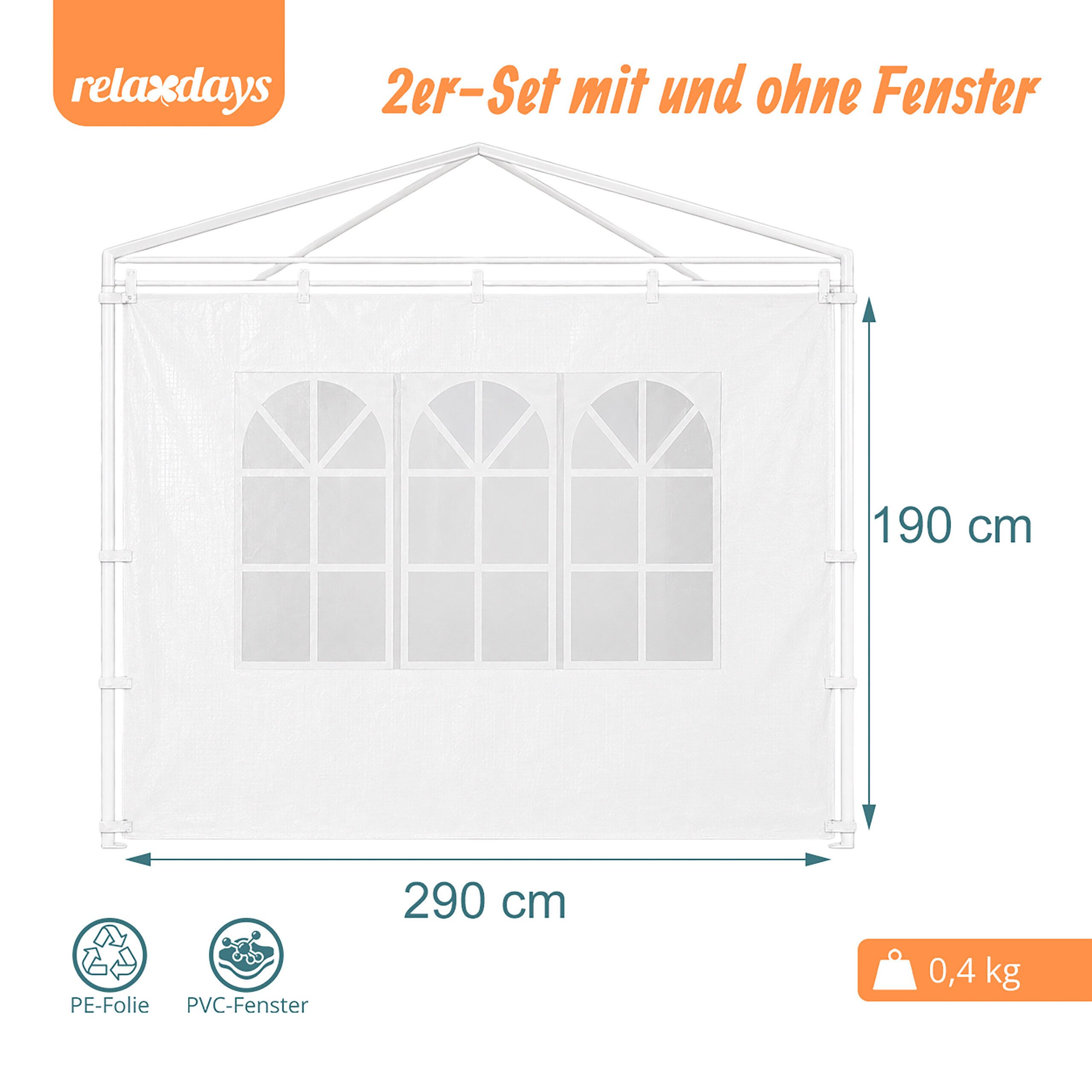 relaxdays Pavillonseitenteil Pavillon-Seitenteile 2er Set, 290x190 cm, weiß – Bild 4 von 5
