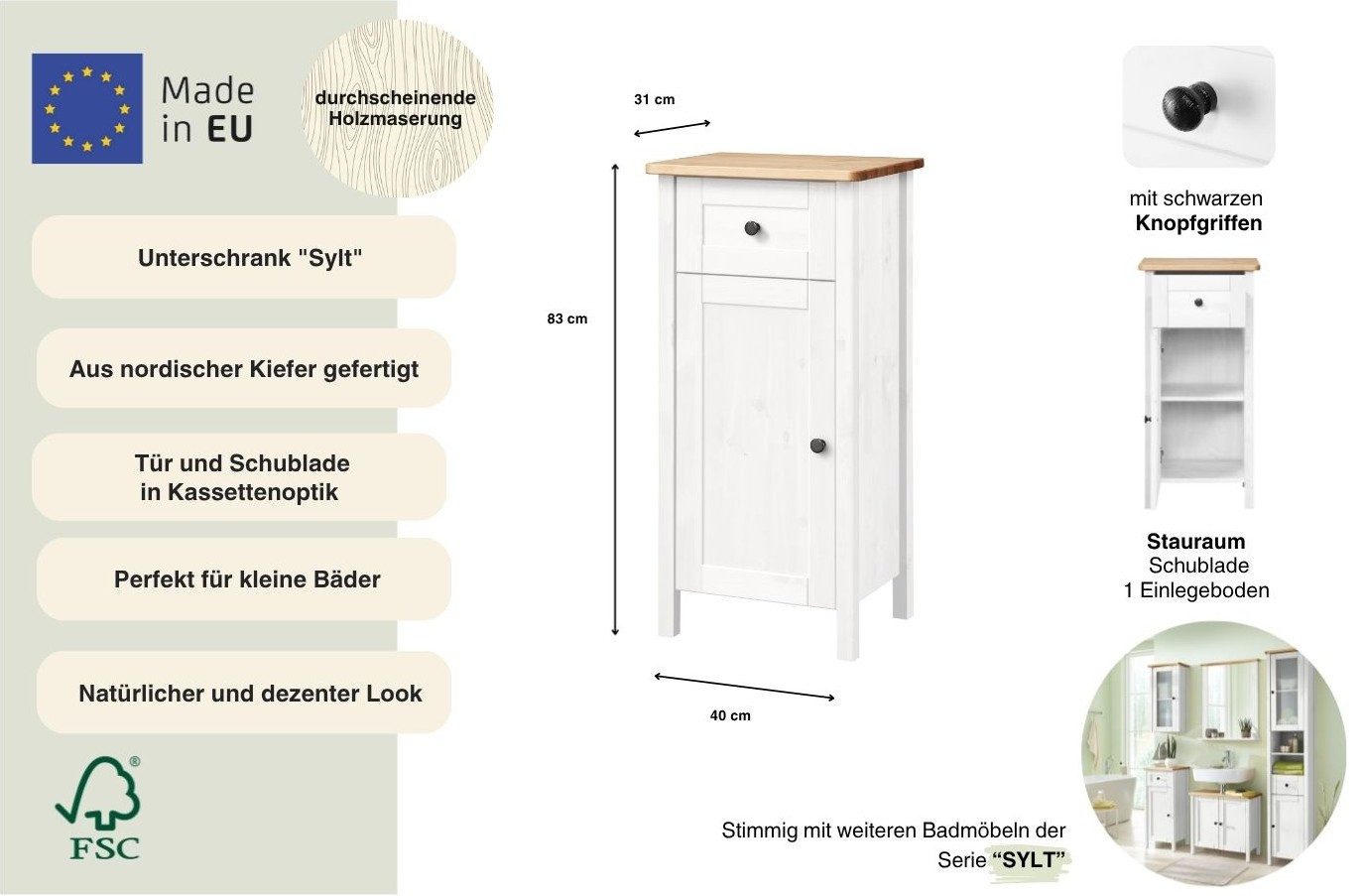 welltime Unterschrank Sylt Breite 40 cm, aus Massivholz Kiefer
