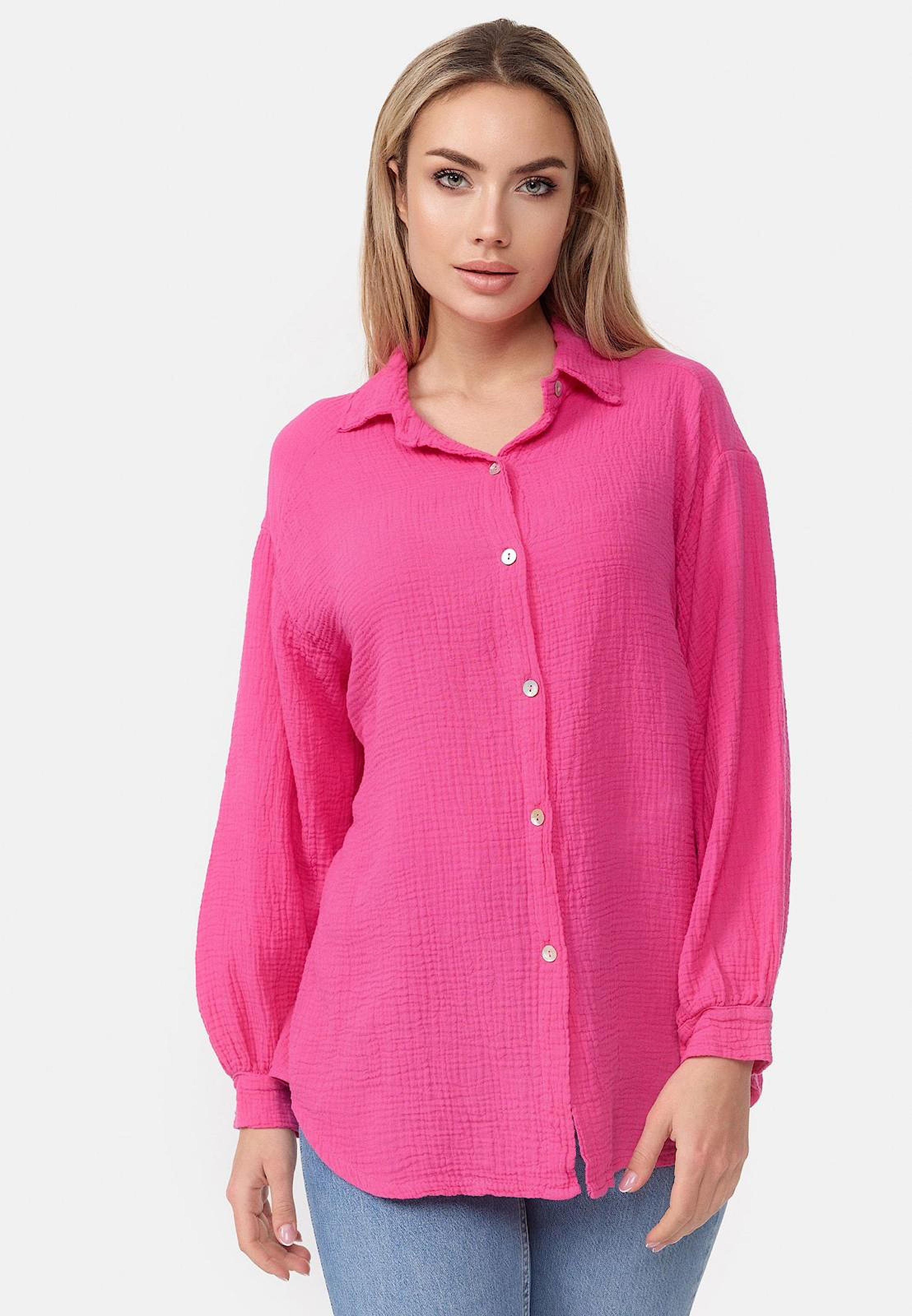 Worldclassca Hemdbluse Worldclassca Musselin Bluse Tunika Sommer Langarm Oberteil Einfarbig Neue Kollektion - Stilvolle und gemütliche Mode für Damen