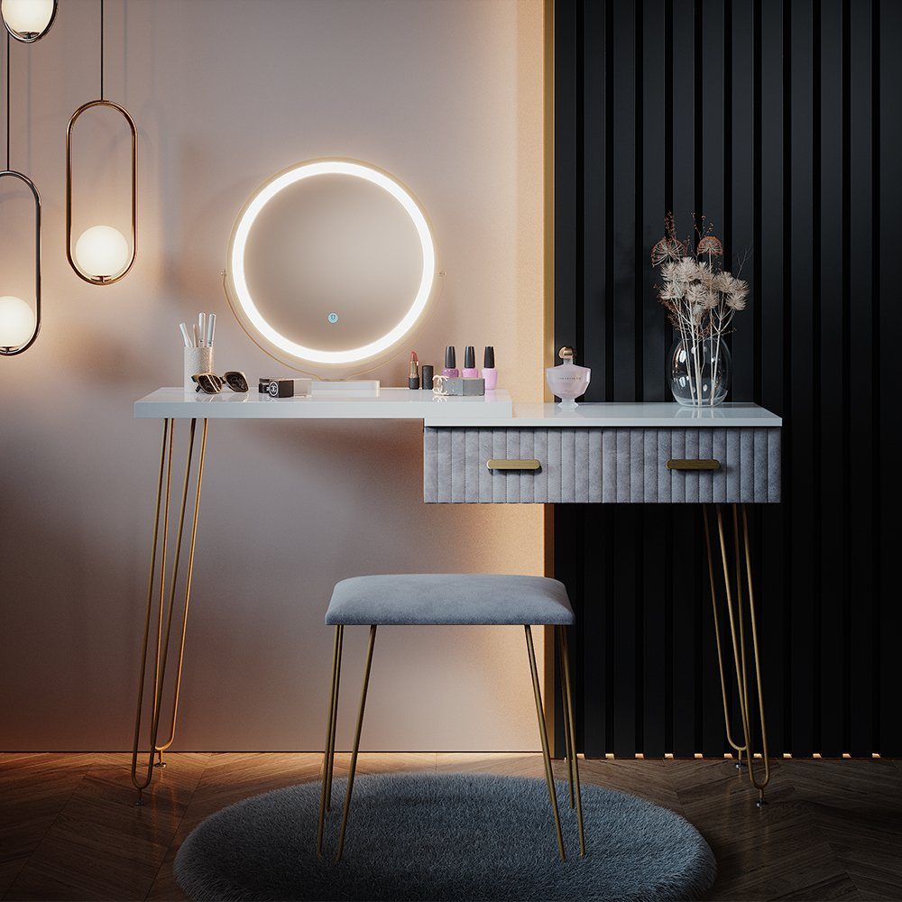 Vicco Schminktisch Zoey, Weiß/Grau, 120 cm mit LED Beleuchtung und Hocker günstig online kaufen