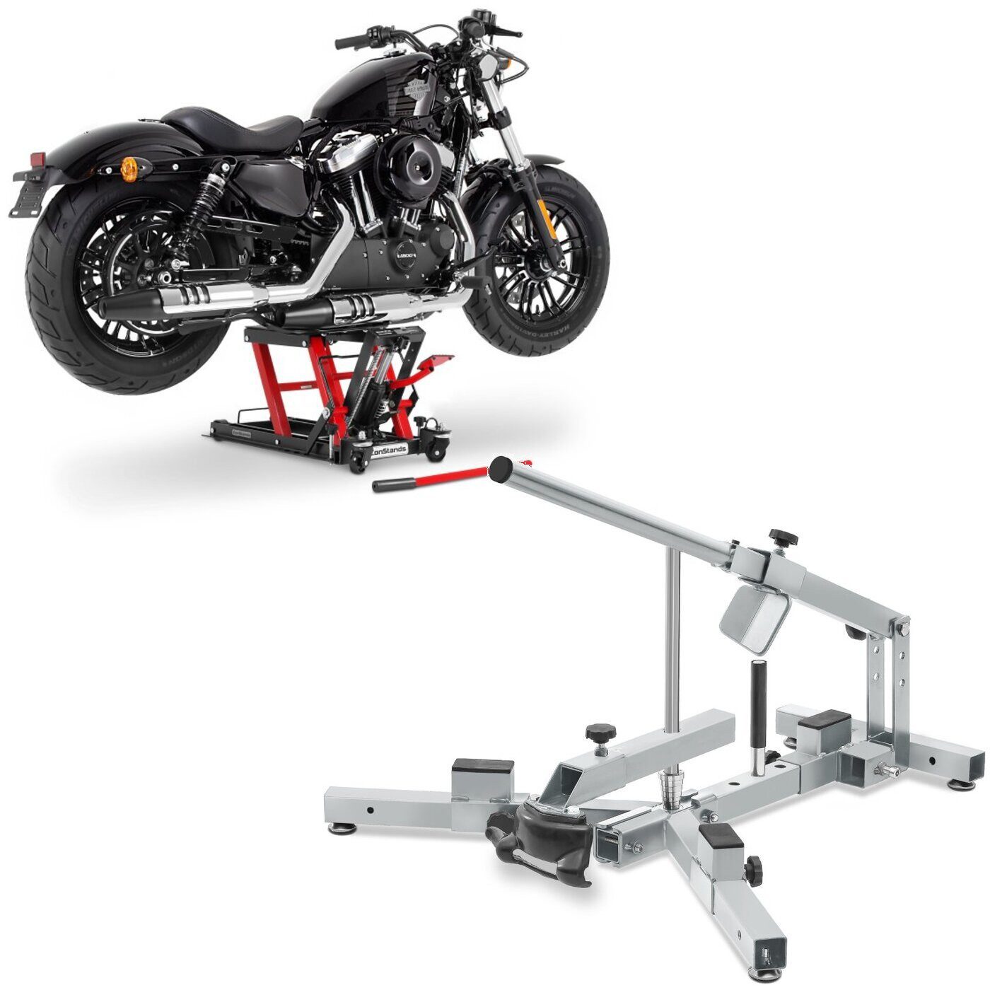 ConStands Motorradheber Set: Hebebühne Mid-lift L bis 680 kg rot # mit Reifenmontiergerät pass