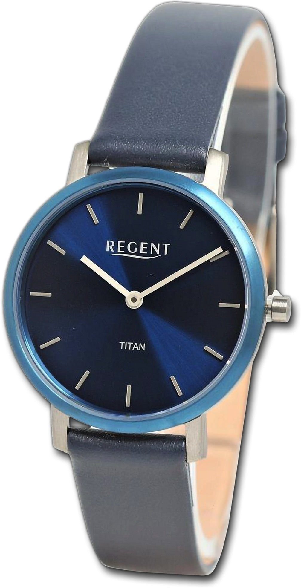 Regent Quarzuhr Regent Damen Armbanduhr Analog, Damenuhr Lederarmband blau,  rundes Gehäuse, extra groß (ca. 31mm)