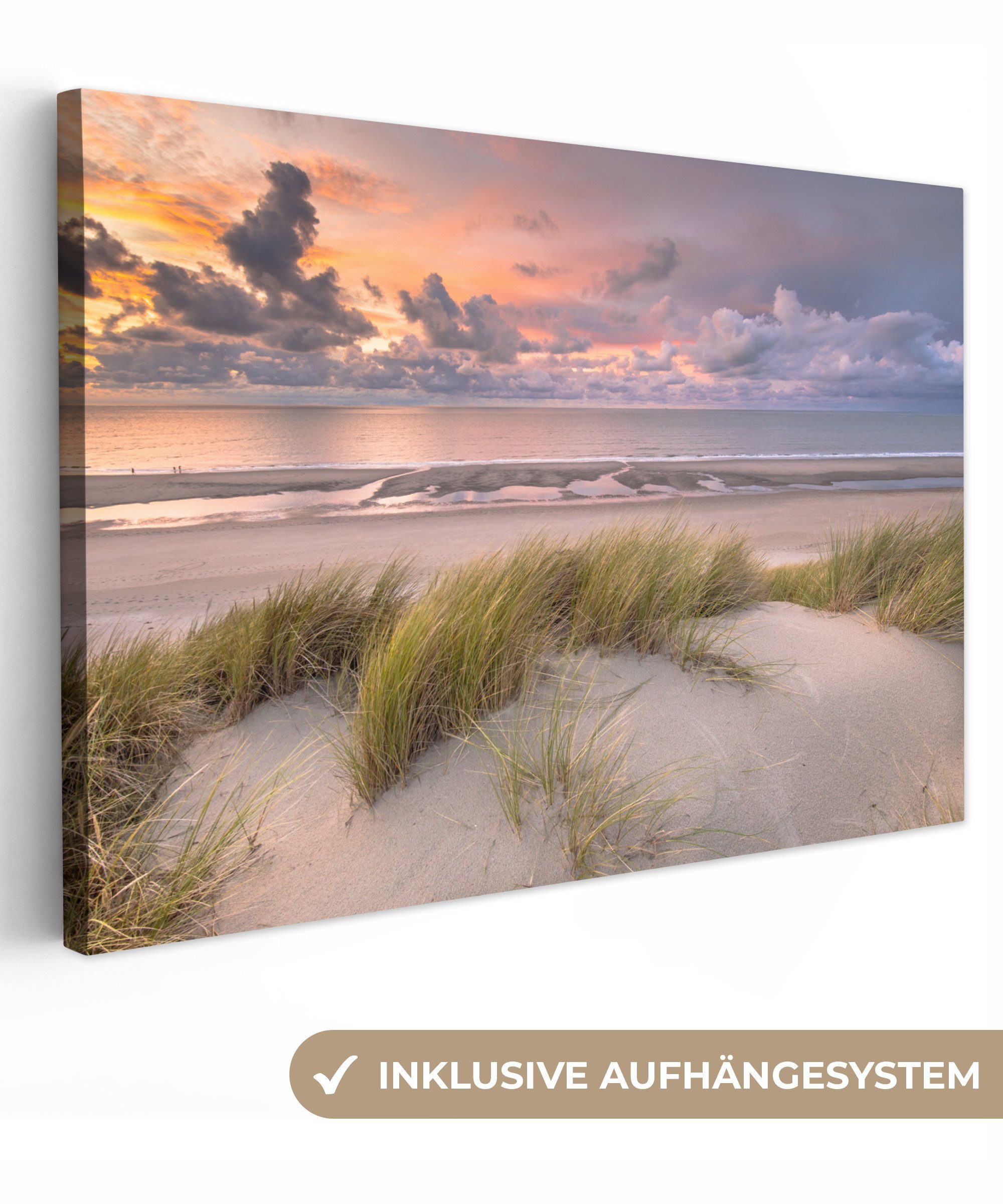 OneMillionCanvasses® Leinwandbild Sonnenuntergang - Düne - Strand - Pflanzen - Meer, Fotodruck (1 St), Leinwand Bilder Klein, Wand Dekoration Aesthetic 30x20 cm