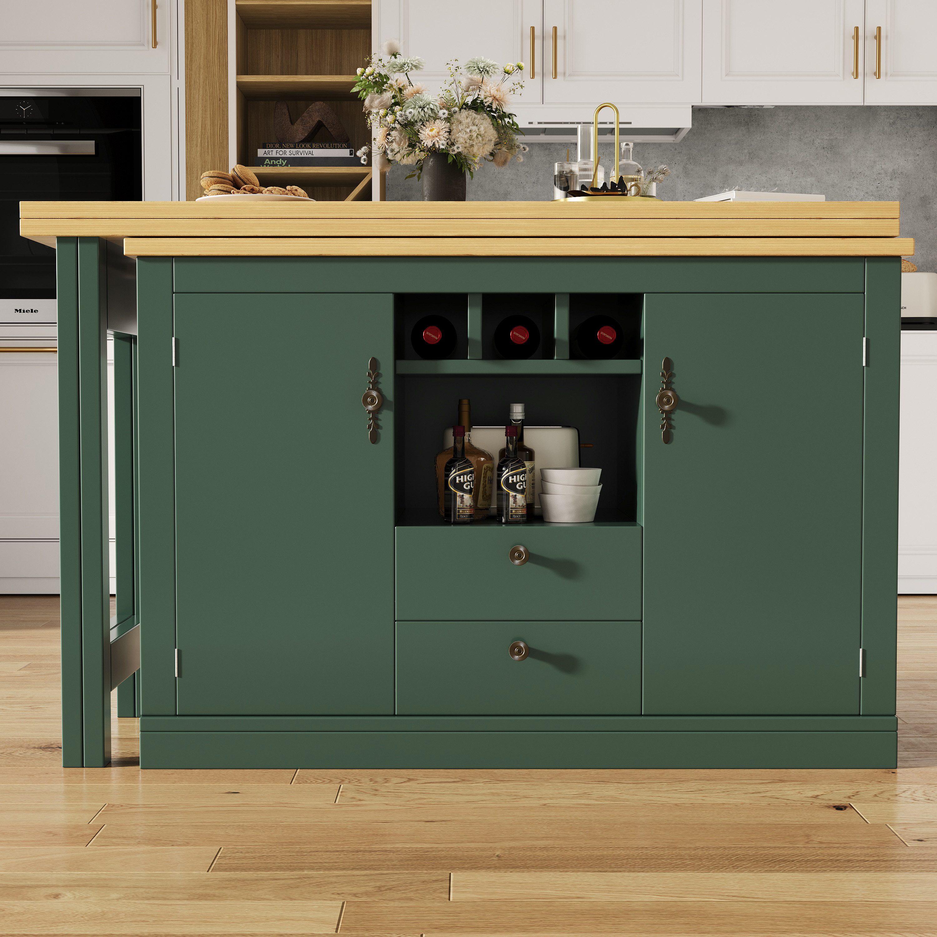 Flieks Kücheninsel mit 360° drehbarer und klappbarer Esstisch, (Holzoptik Tischplatte Tiefe 40-80cm, Längenverstellbar 120-180cm), ausziehbarer Esstisch & Mehrzweckschrank mit Schubladen und Weinregal