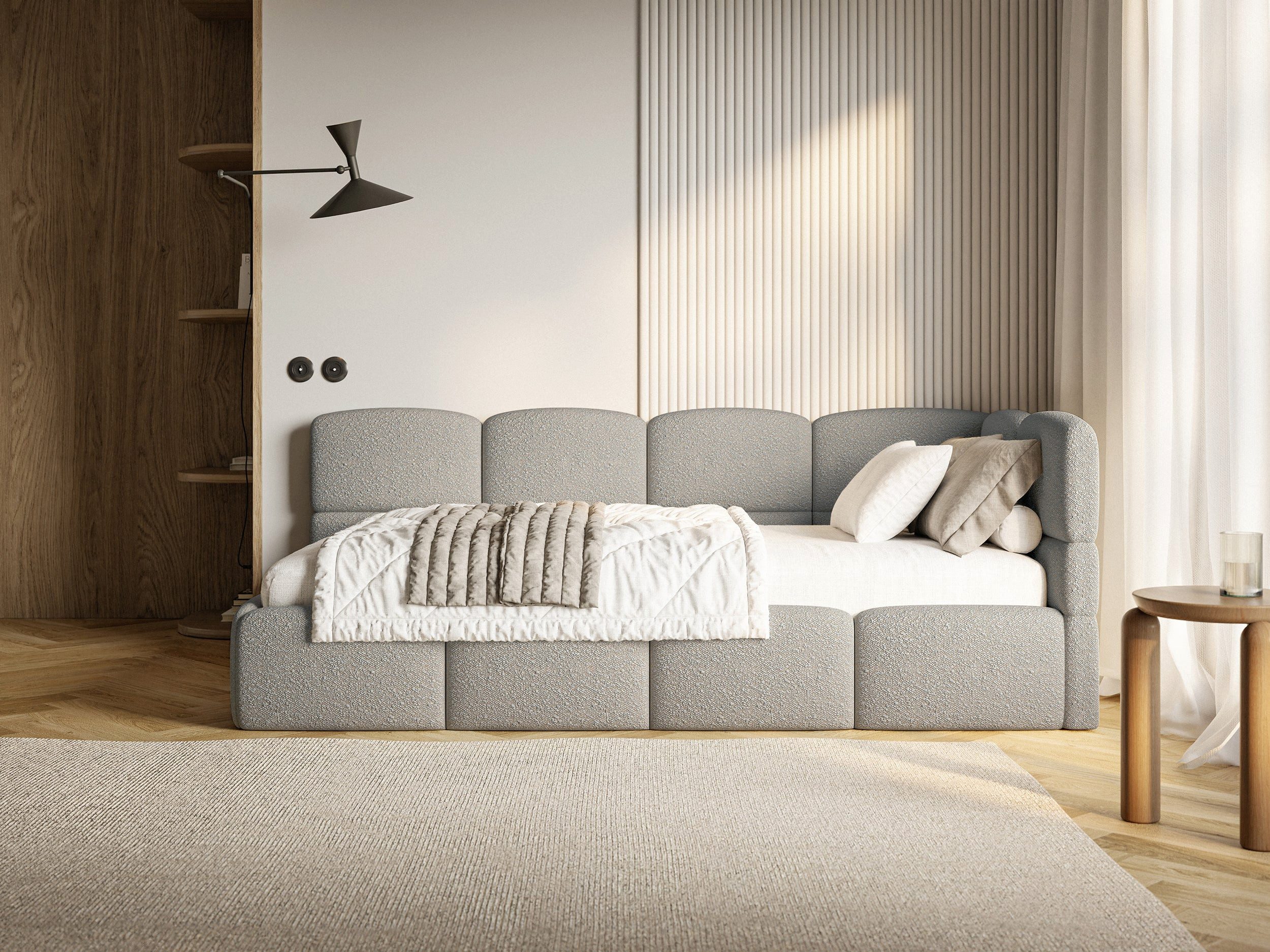Selsey Jugendbett CLOUDY, mit Lattenrost, Bettkasten und Eck-Kopfteil, Bouclé, 120x200 cm